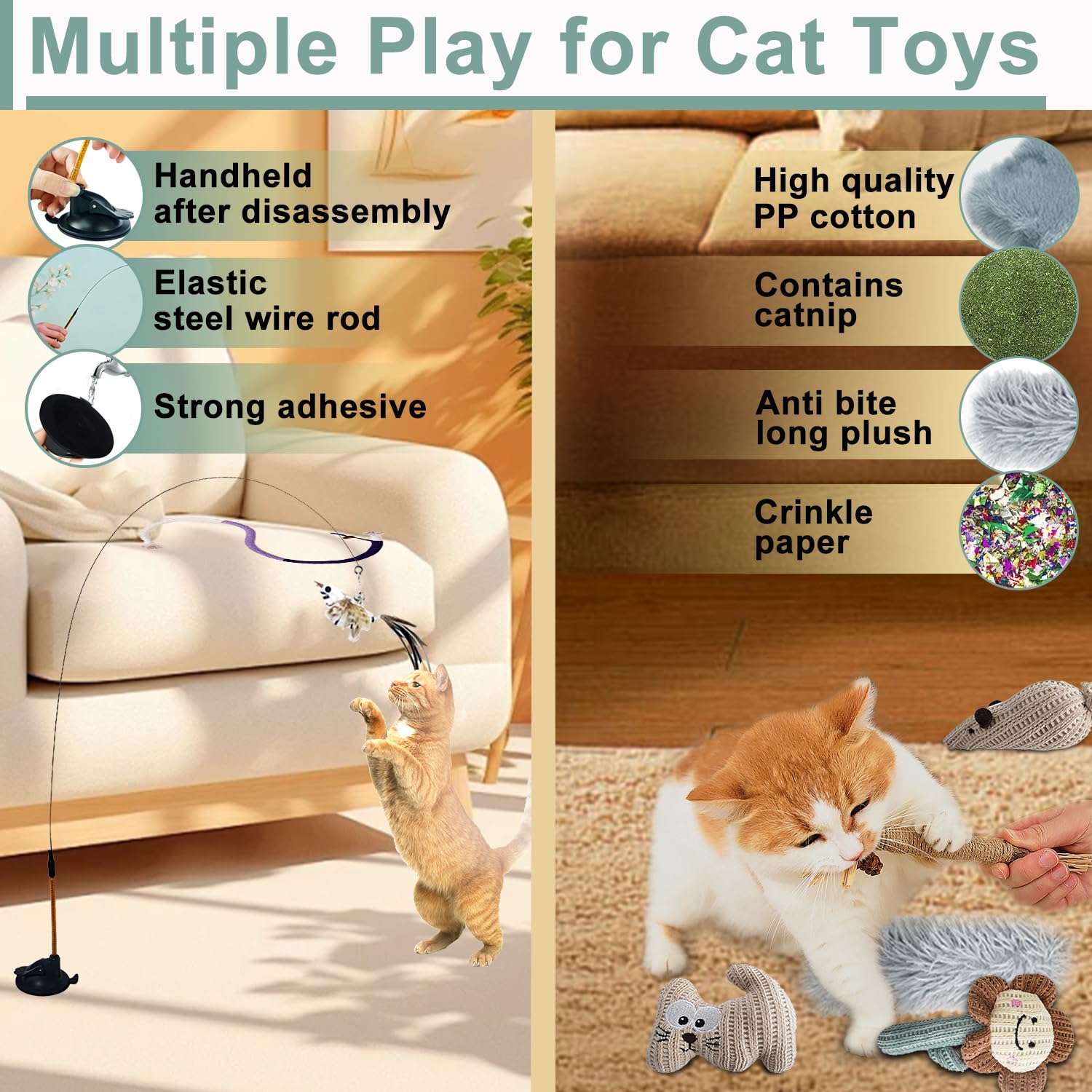 7-In-1 Interactive Cat Toys For Indoor Cats With Adhesive Suction Cup, Hanging Cat Toys, Silvervine Stick And Chew Rope Cat Teet