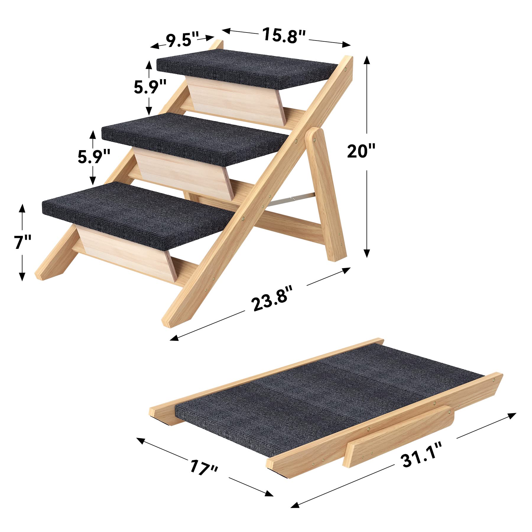Runlexi Pet Stairs/Steps, Medium Dogs Steps For High Beds, Sofa, Couch, Car, 2-In-1 Foldable Wood Dog Ramp With Non-Slip Pads, S