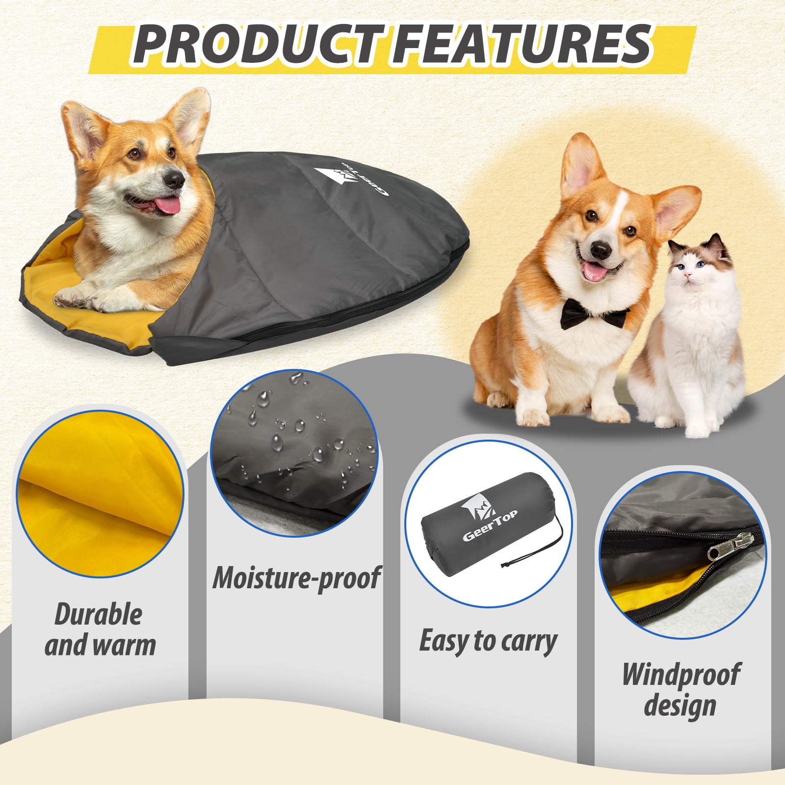 Geertop Lightweight Dog Sleeping Bag Portable Cozy Durable Machine Washable Pet Bed For Camping, Hiking Travel