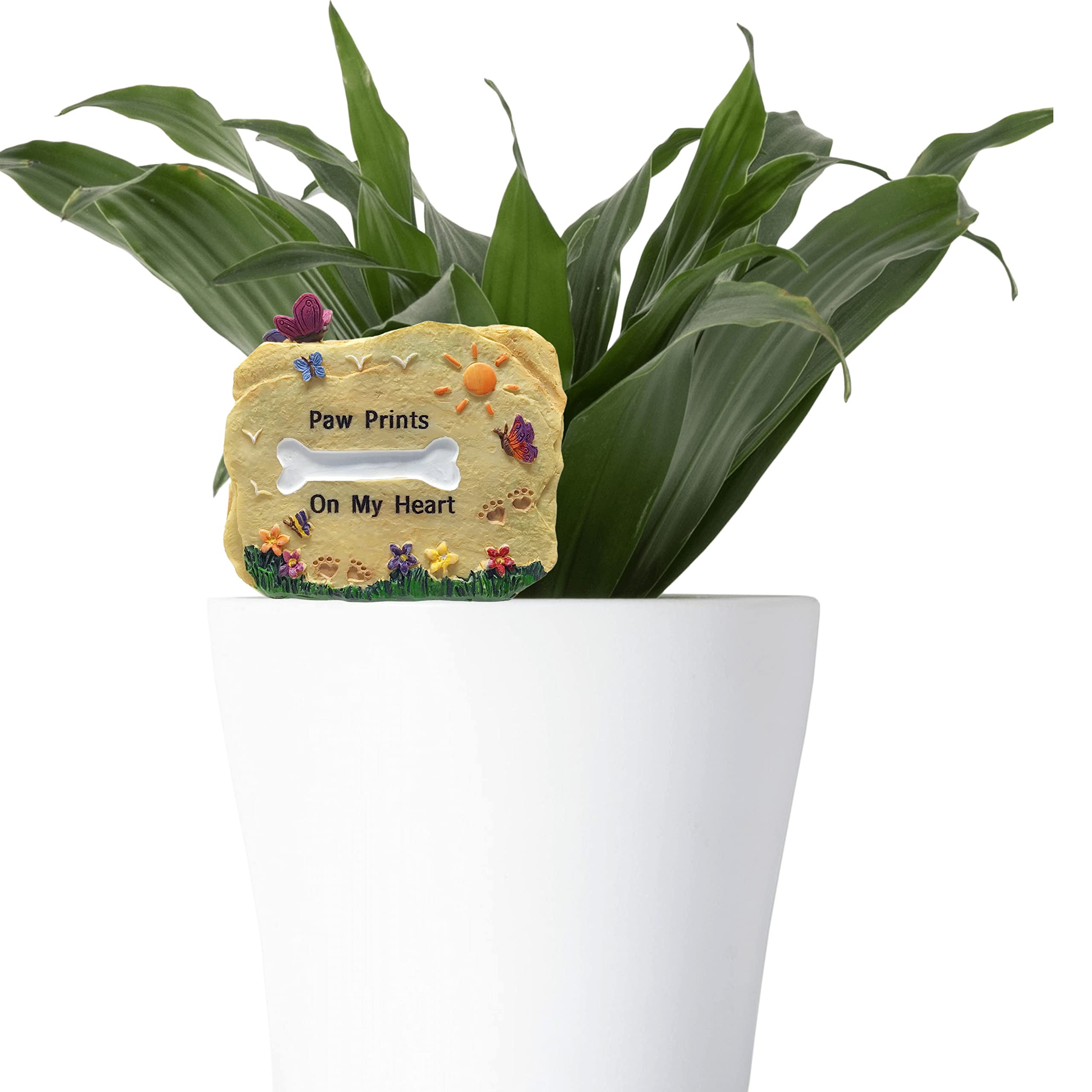 Banberry Designs Dog Memorial Stone - Paw Prints On My Heart Rock With Butterflies, Flowers, Sun - 3.25' W X 2.5' H X 1.5' D - Desktop Pet Remembrance Décor