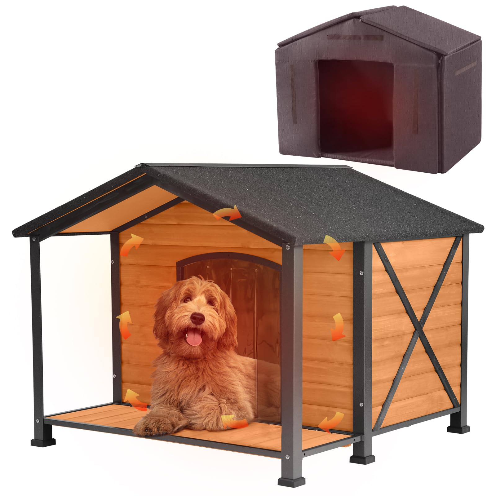 Outdoor Dog House Insulated Extra Large Dog Kennel With Liner For Winter, Heated Dog House 100% Insulated & All-Around Iron Fram