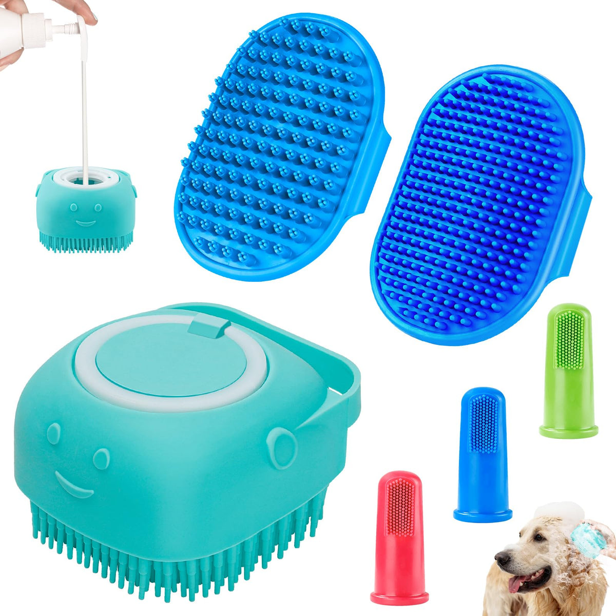 Comotech 3Pcs Dog Bath Brush | Dog Shampoo Brush | Dog Scrubber For Bath | Dog Bath Brush Scrubber | Dog Shower/Washing Brush With Adjustable Ring Handle For Short & Long Hair (Blue Blue Blue)