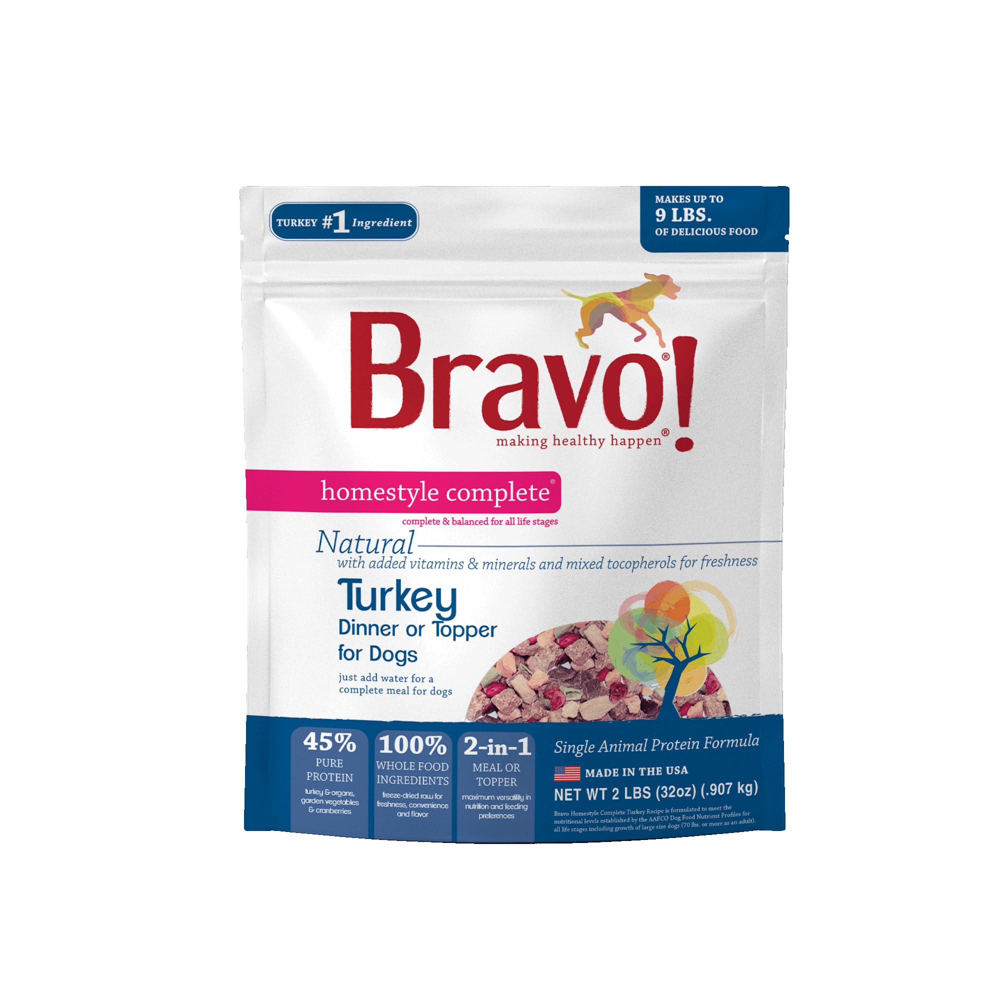 Bravo! Homestyle Complete Freeze Dried Raw Dog Food or Topper, Turkey, 2 Pounds, Add Water to Rehydrate for up to 9 Pounds of Fo