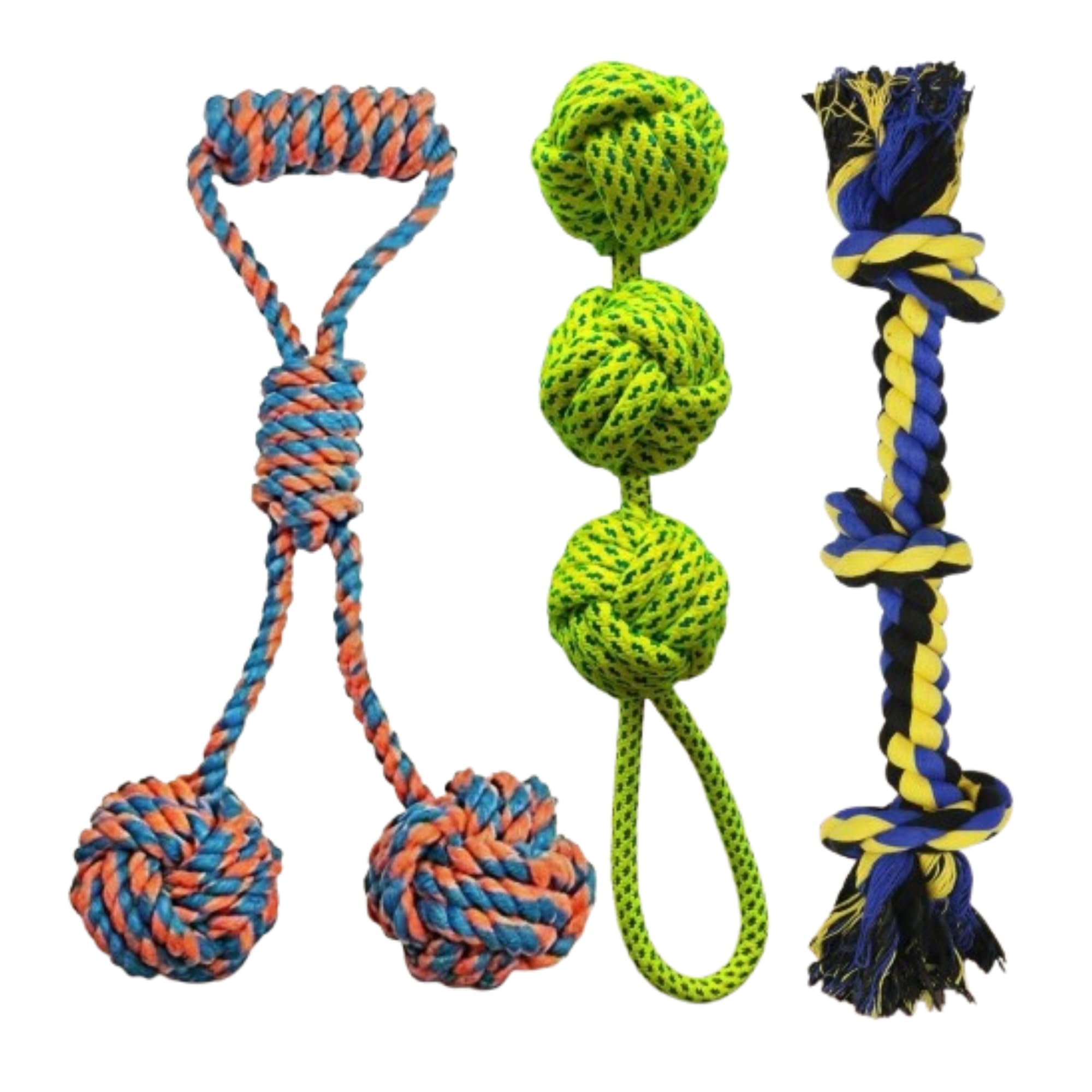 Kittupet 3Piece Dog Rope Toy Set  Heavy Duty Triple Knot Bone, MultiKnot Tug, And Monkey Fist Pull  Interactive Cotton Chew 