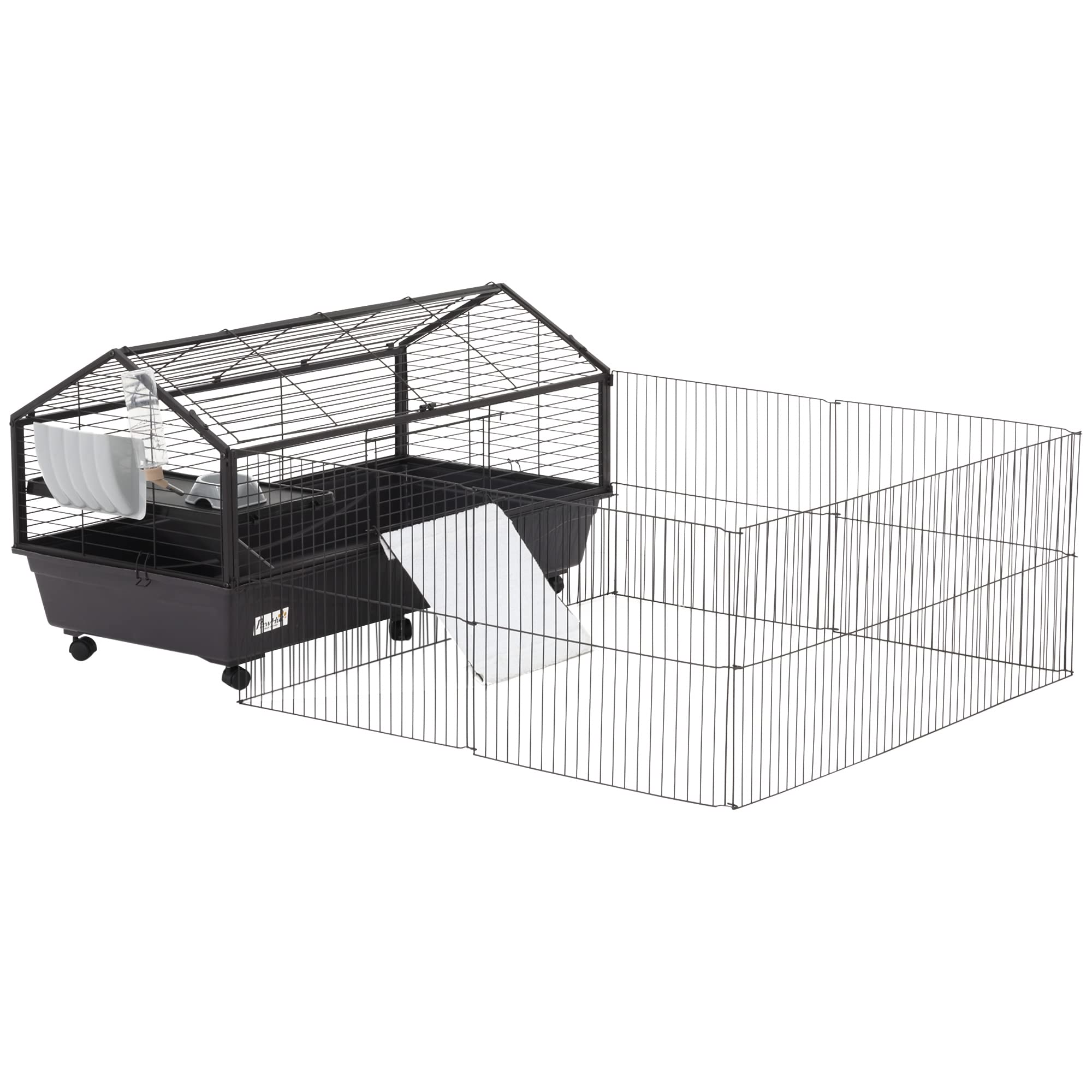 Pawhut Small Animal Cage With Foldable Run Area, Rolling Bunny Cage, Guinea Pig Cage, Hedgehog Cage With Water Bottle, Water Bowl, And Ramps, 46.5'