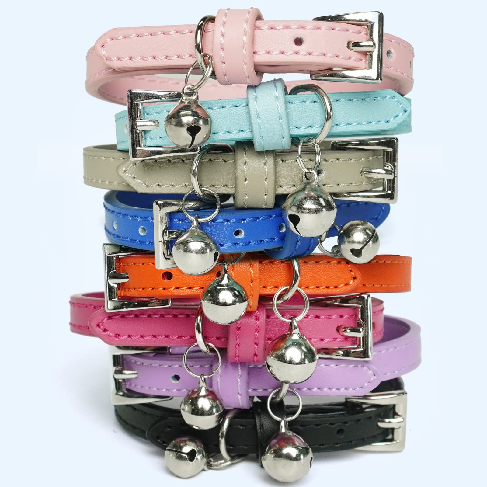 Pupteck 2 Pcs Soft Leather Cat Kitten Collar With Bells Adjustable For Girl Boy Cats Puppy - Pink, Blue