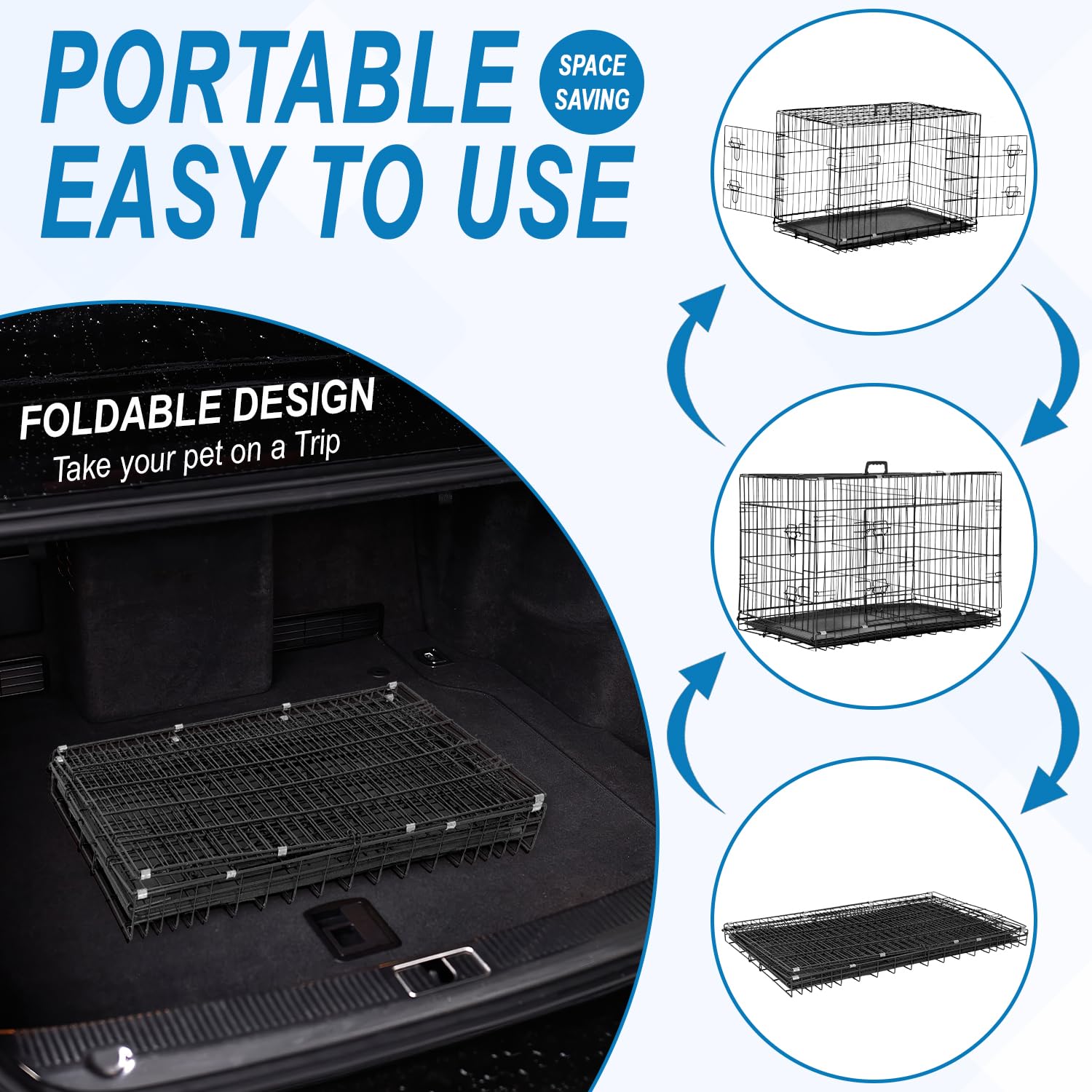 42 Inch Large Dog Crate Dog Kennel Pet Cage Metal Wire Crates Pet Cages Double-Door Folding Kennels With Handle Leak-Proof Pan T