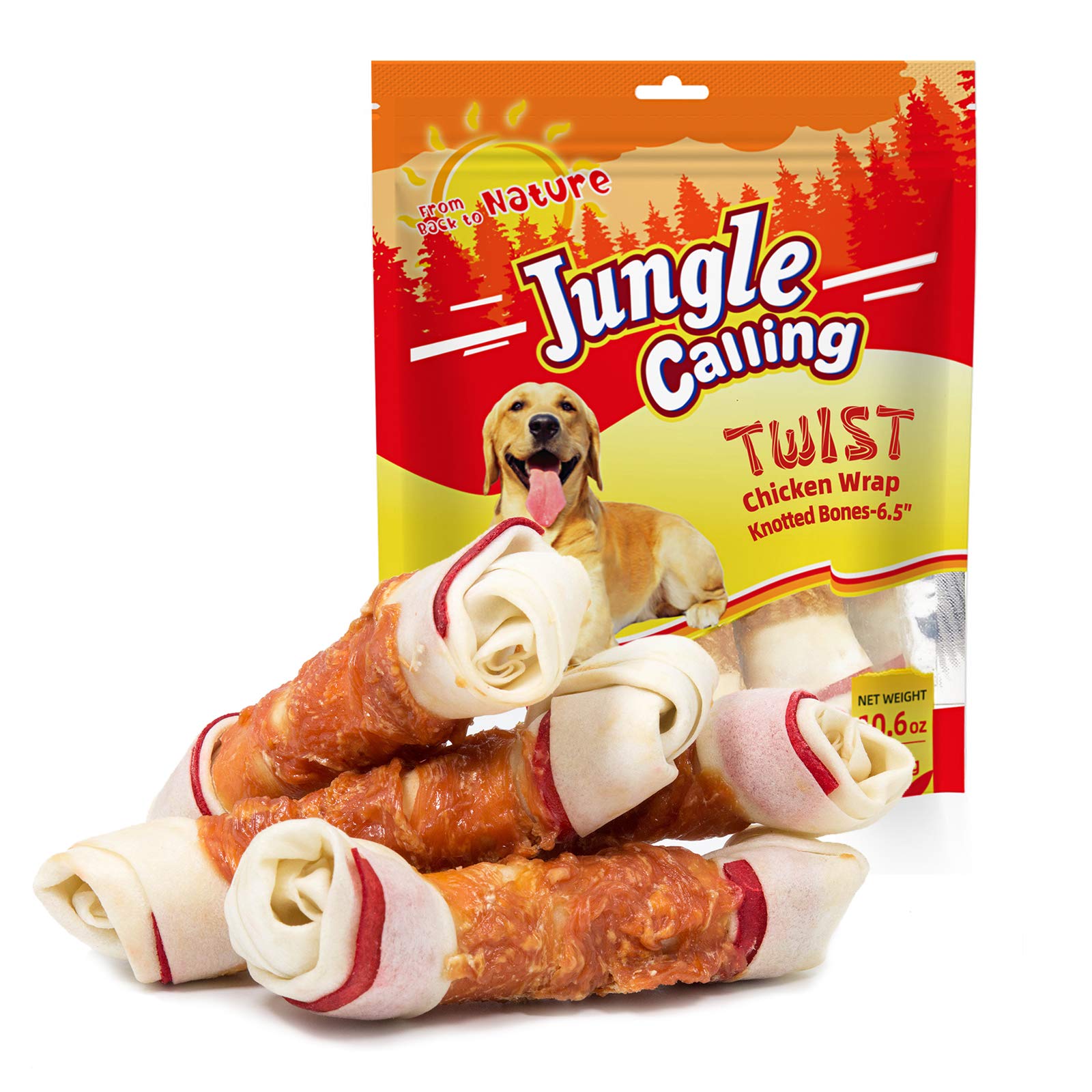Jungle Calling Chicken Wrap Knotted Bones Dog Chews, Long Lasting Beefhide Treats Real Rawhide Bones for Large Dogs Edible Train