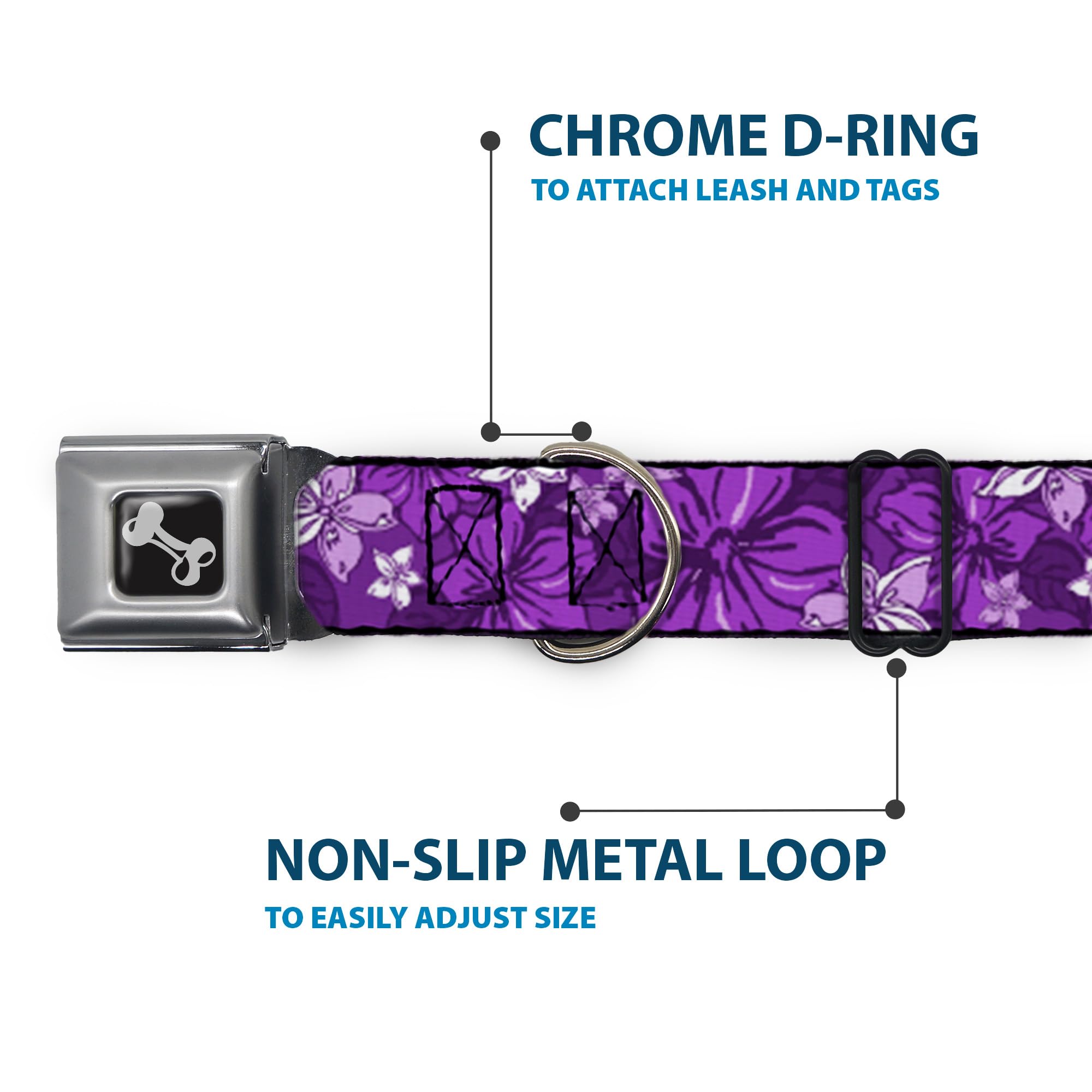 Buckle-Down Dog Collar Seatbelt Buckle Hibiscus Collage Purple Shades 11 To 17 Inches 1.0 Inch Wide