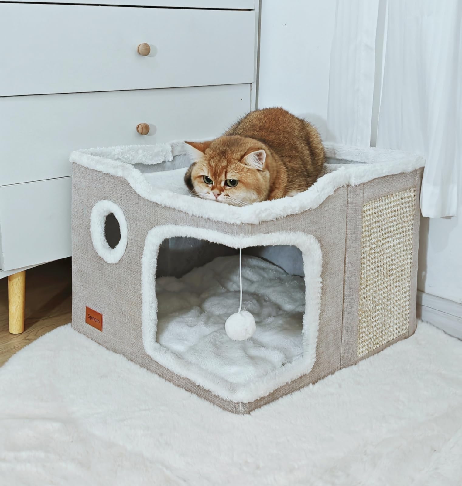 Spindro Large Cat Cave Bed for Indoor Cats, Foldable Pet House Cube with Scratch Pad, Kitten Condo Cat Hideaway Cute Hut with So