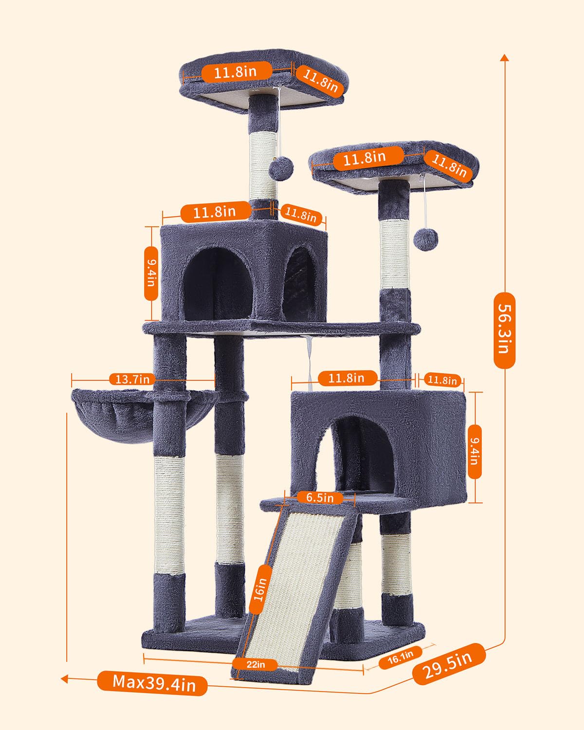 Taoqimiao 56.3-Inch Cat Tree, Cat Tower With Scratching Posts, Cat Tree House For Indoor Cats With Hammocks, Toys, Condo And Lar