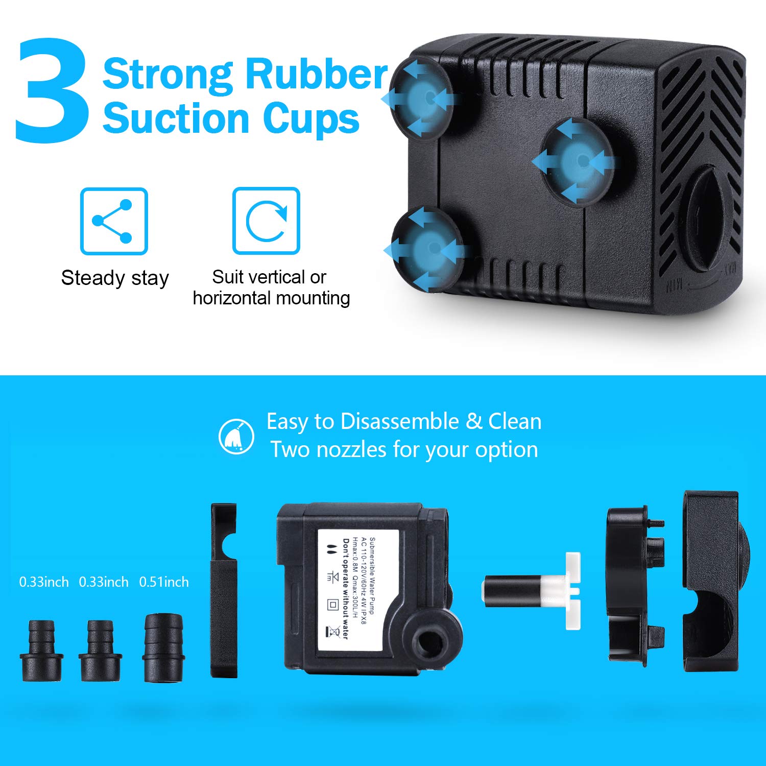 CWKJ Submersible Fountain Pump 80GPH, Durable Plastic, 7.2ft Cord, 3 Nozzles for Aquarium, Pond, Fish Tank, Hydroponics, Black