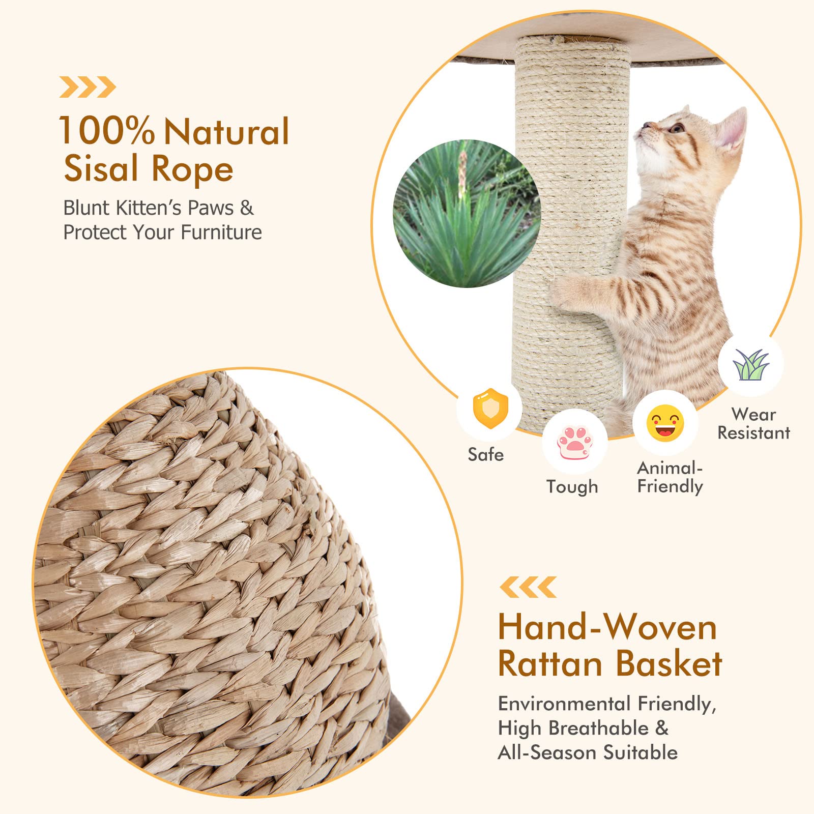 Petsite Modern Cat Tree Tower, Paper Rope Natural Bowl Shaped With Perch, Scratching Post, Rattan Cat Activity Tree For Kittens,