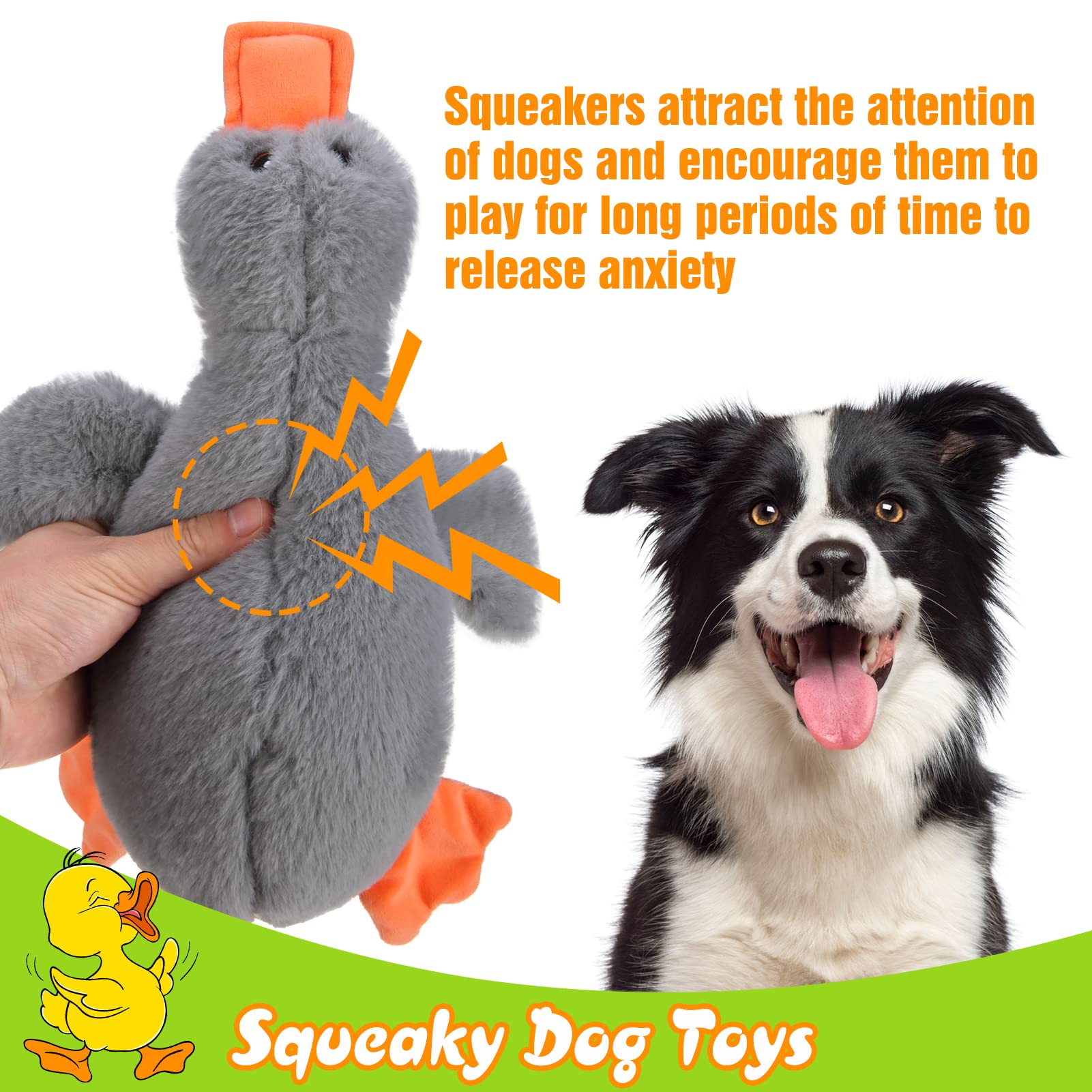 Expawlorer Plush Squeaky Duck Dog Toy - Soft Stuffed Cute Duck, Best Birthday Gift Interactive Filled Chew Toys For Small Medium Large Dogs Puppy Biting Training Teething, Grey