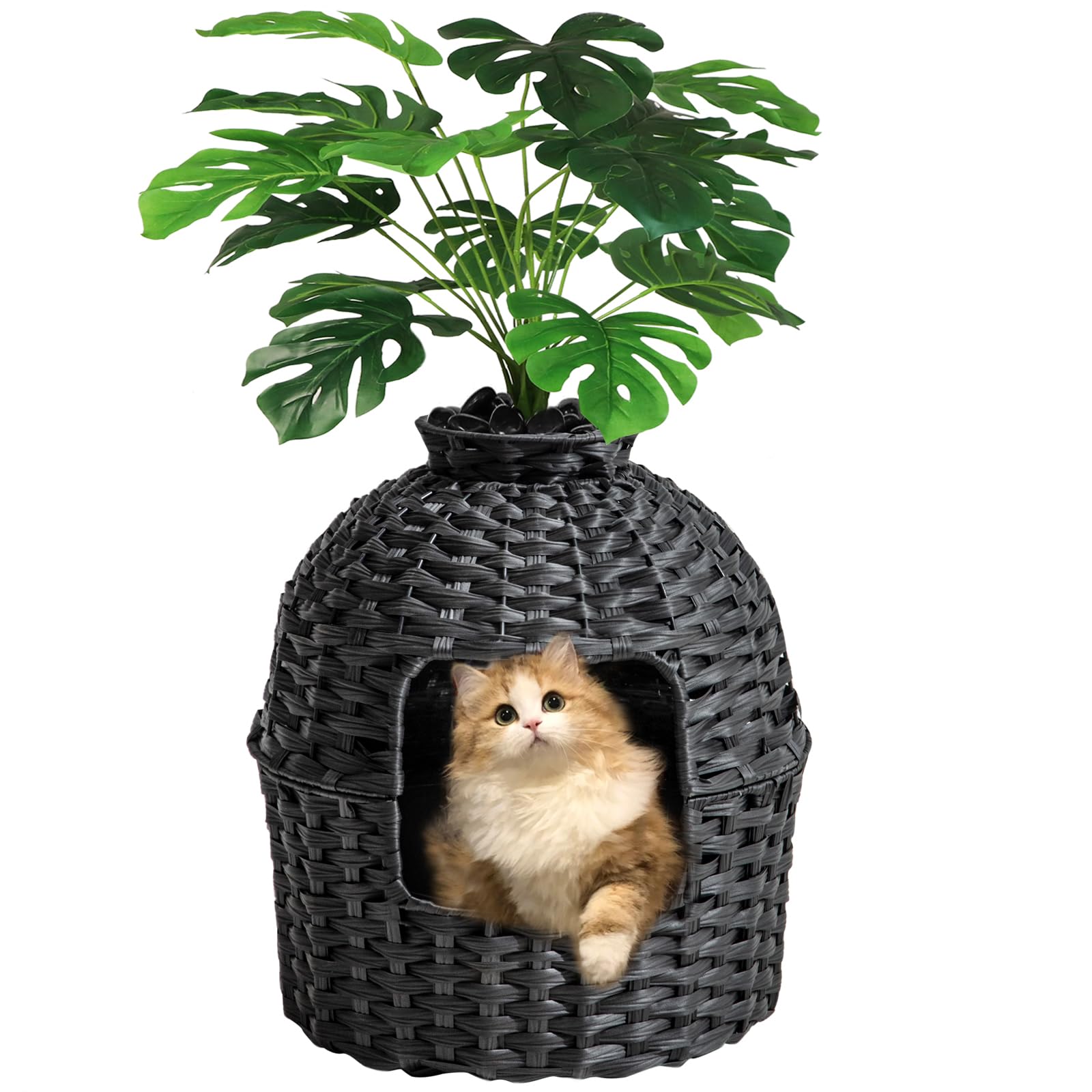 Setvson Cat Litter Box Plant Furniture Enclosure, Hidden Handwoven Rattan With Cat Litter Box And Artificial Plants, Odor Contro