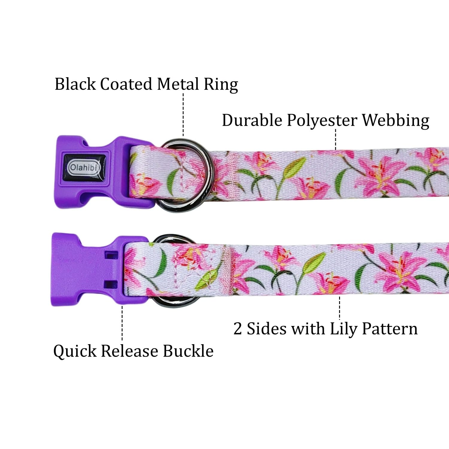 Olahibi Dog Collar And Leash Set, Lily Floral Pattern, Polyester Material, 5Ft Leash, For Medium Dogs.(M, Purple Lily)