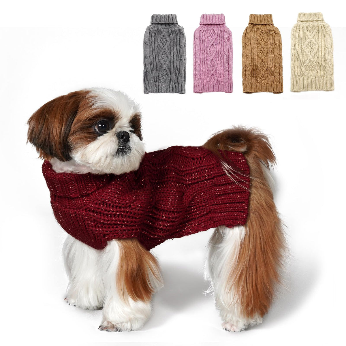 Kyeese Dog Sweaters For Medium Dogs Turtleneck Dog Cable Knit Puppy Sweater With Golden Thread For Cold Weather, Wine Red, Large