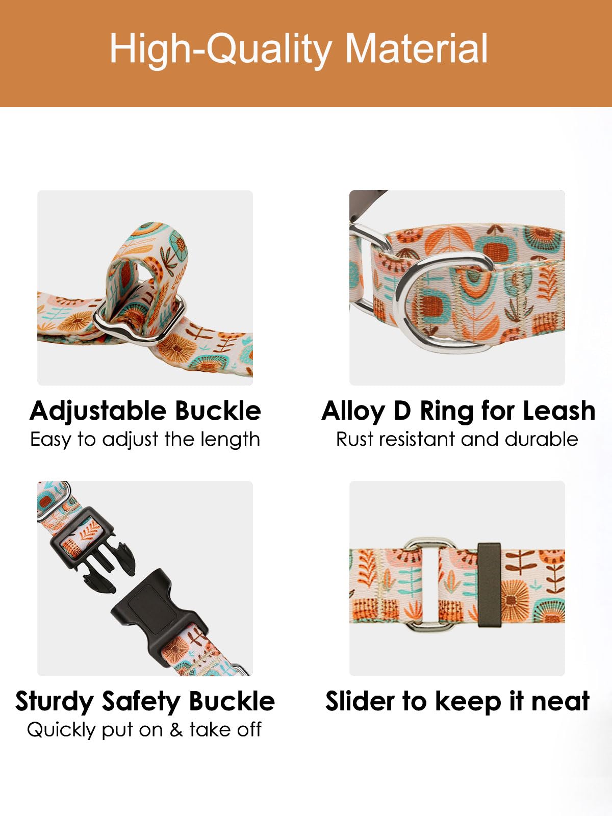 Joocpup Martingale Dog Collar With Tag Ring - Adjustable Soft Nylon No-Slip Design For Small, Medium & Large Dogs, Boho L