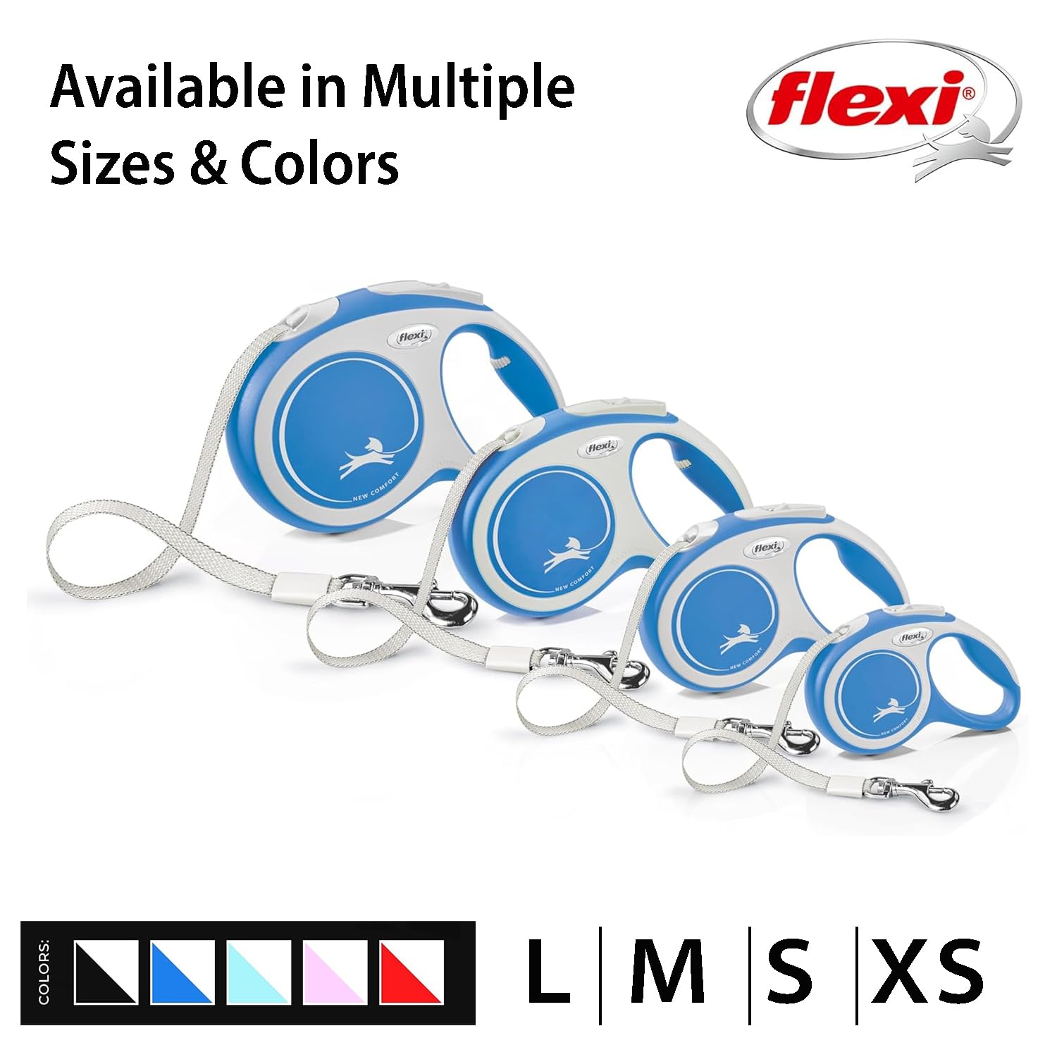 Flexi New Comfort Tape Retractable Dog Leashes For Medium Dogs Upto 55 Lbs. - 16 Ft., Blue | Tangle Free Pet Walking Leash With