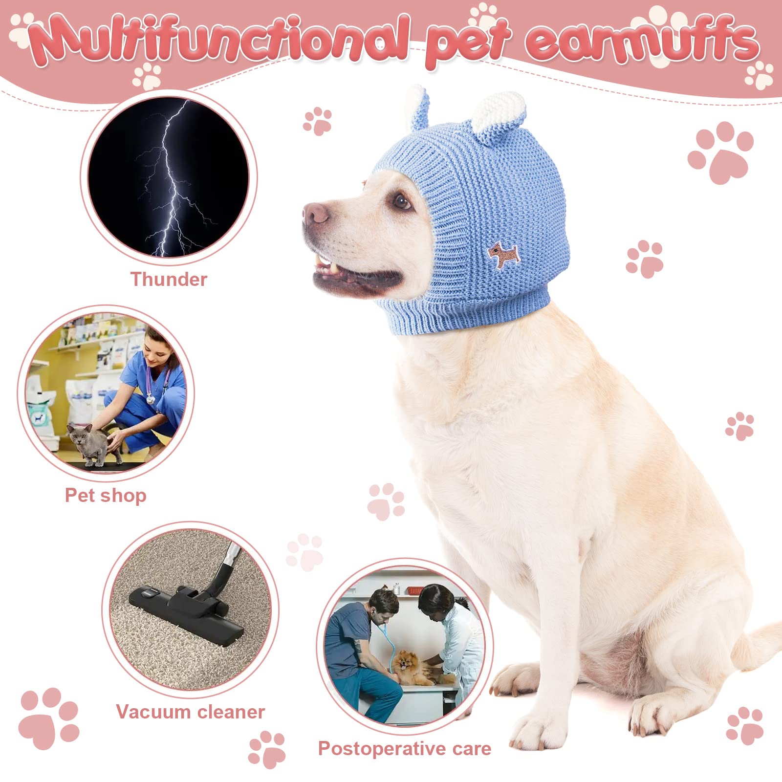 Quiet Ears For Dogs, Dog Ear Muffs Noise Protection Knitted Pet Ears Snood Head Wrap Hats For Medium To Large Cats Pets(Sky Blue