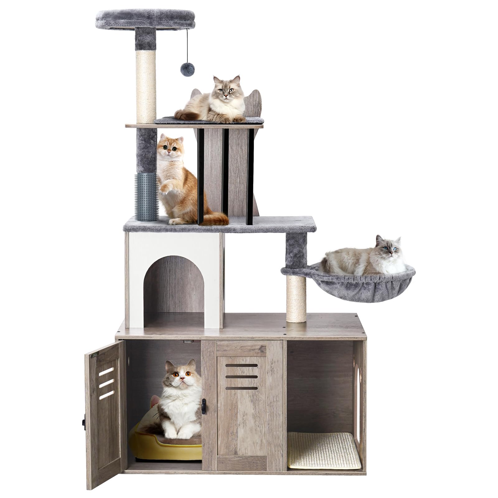 Snughome Cat Tree With Litter Box Enclosure Furniture, 2-In-1 Modern Cat Tower, 58.66 Wood Cat Condo With Scratching Post And Ha