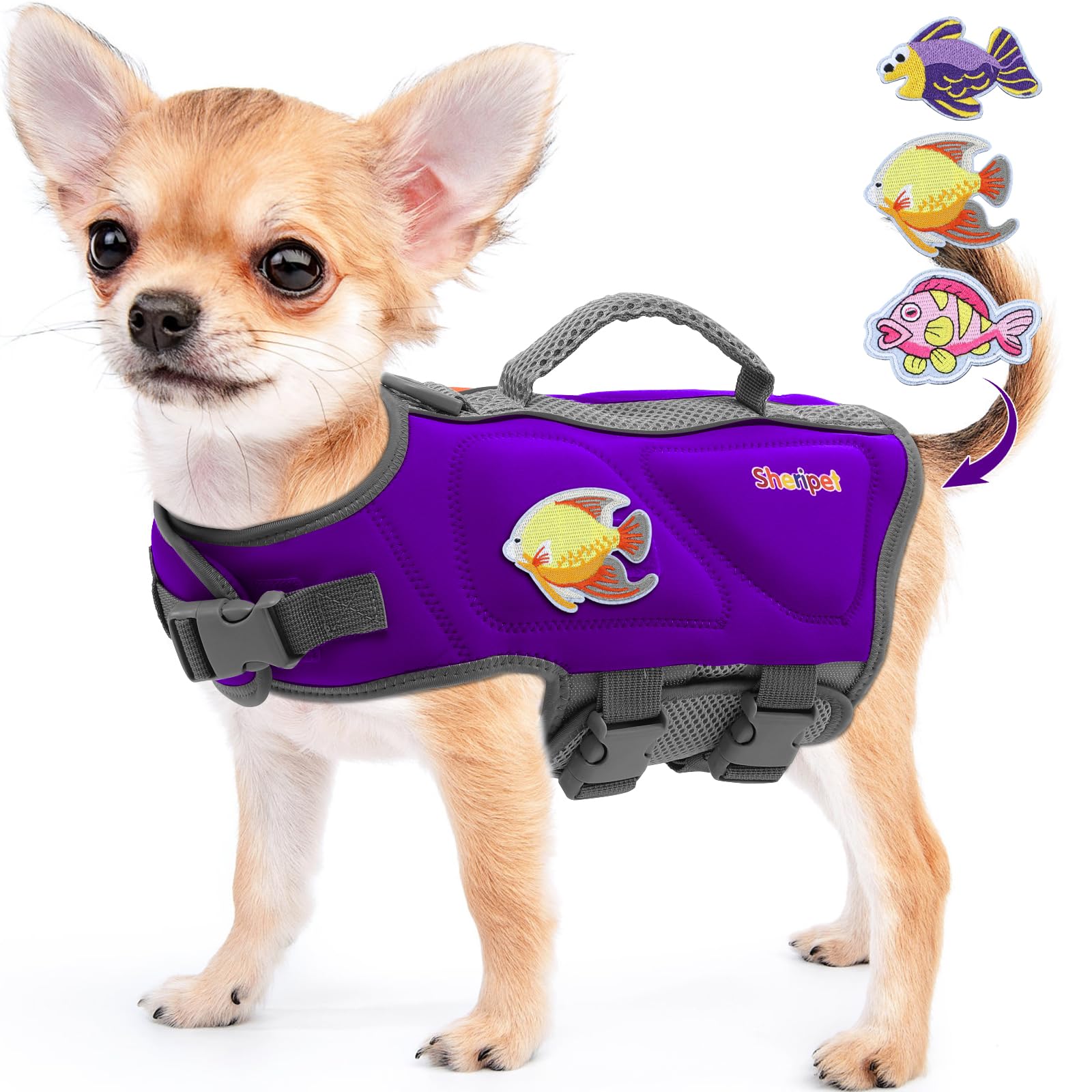 Sheripet Dog Life Jacket For Small Dogs, Good Visibility Dog Life Vest For Swimming With Reflective Stripes And Rescue Handle, P