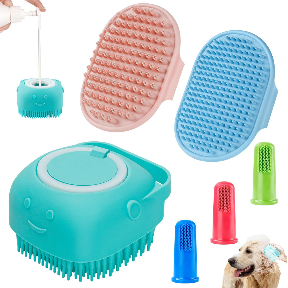 Comotech 3Pcs Dog Bath Brush | Dog Shampoo Brush | Dog Scrubber For Bath | Dog Bath Brush Scrubber | Dog Shower/Washing Brush With Adjustable Ring Handle For Short & Long Hair (Blue Pink Blue)