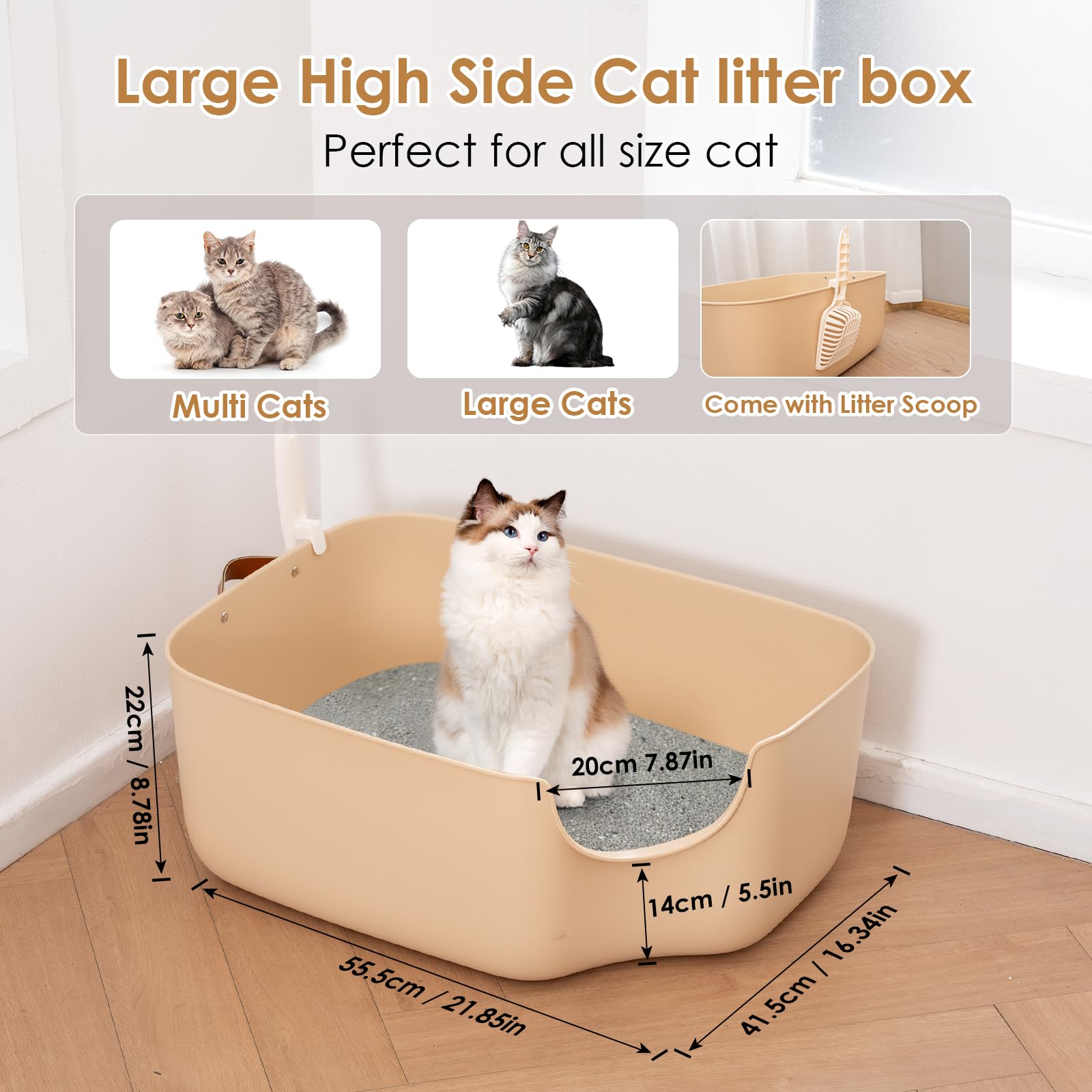 Olurrsia Large Cat Litter Box, Cat Litter Pan For Big Cats With Leather Side Handle & Litter Scoop - 22'' L X 16'' W X 8.8'' H,