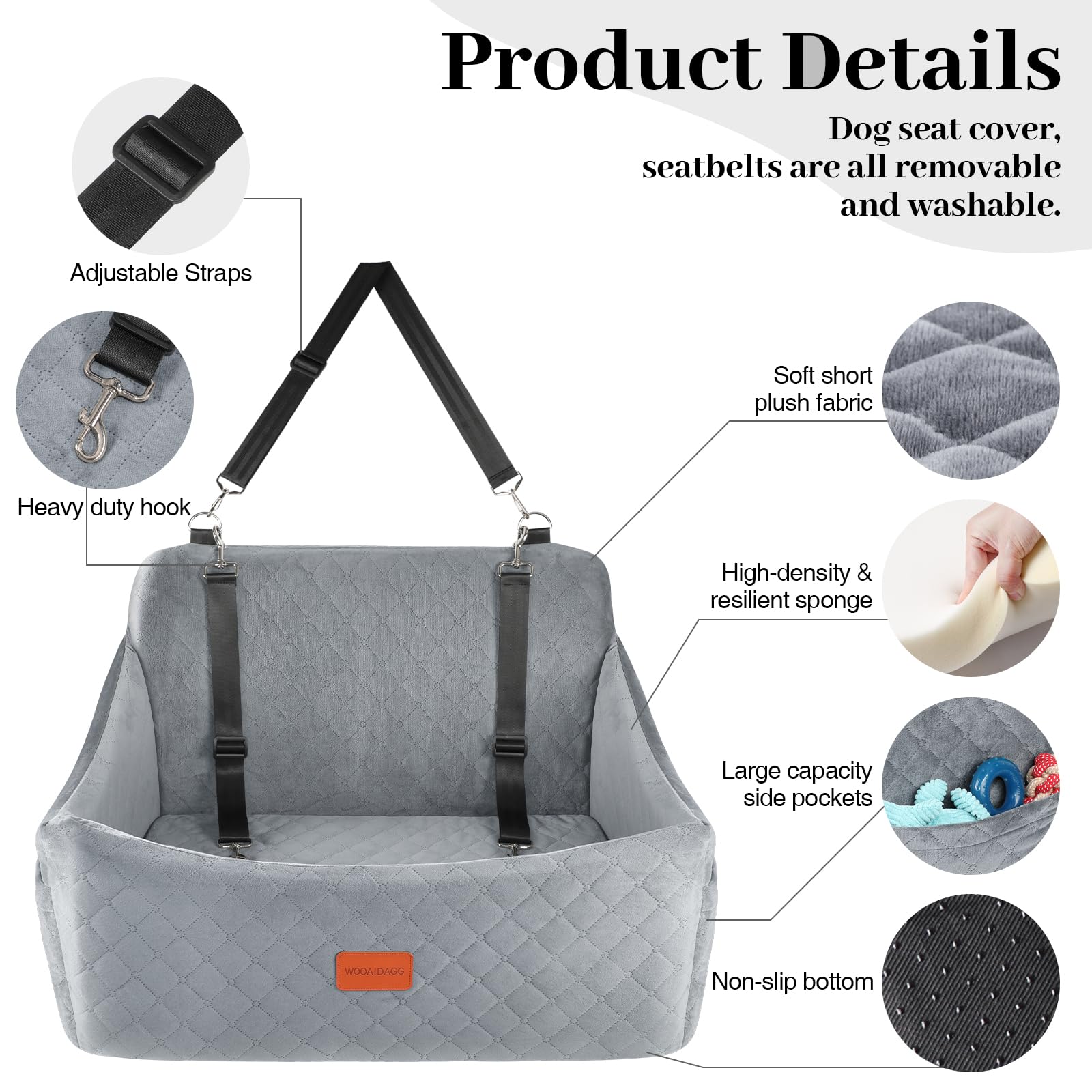 Wooaidagg Dog Car Seat for Medium & Large Dogs Up to 55lbs, Memory Foam Cushion, Washable Cover, Safety Straps & Non-Slip Base(G