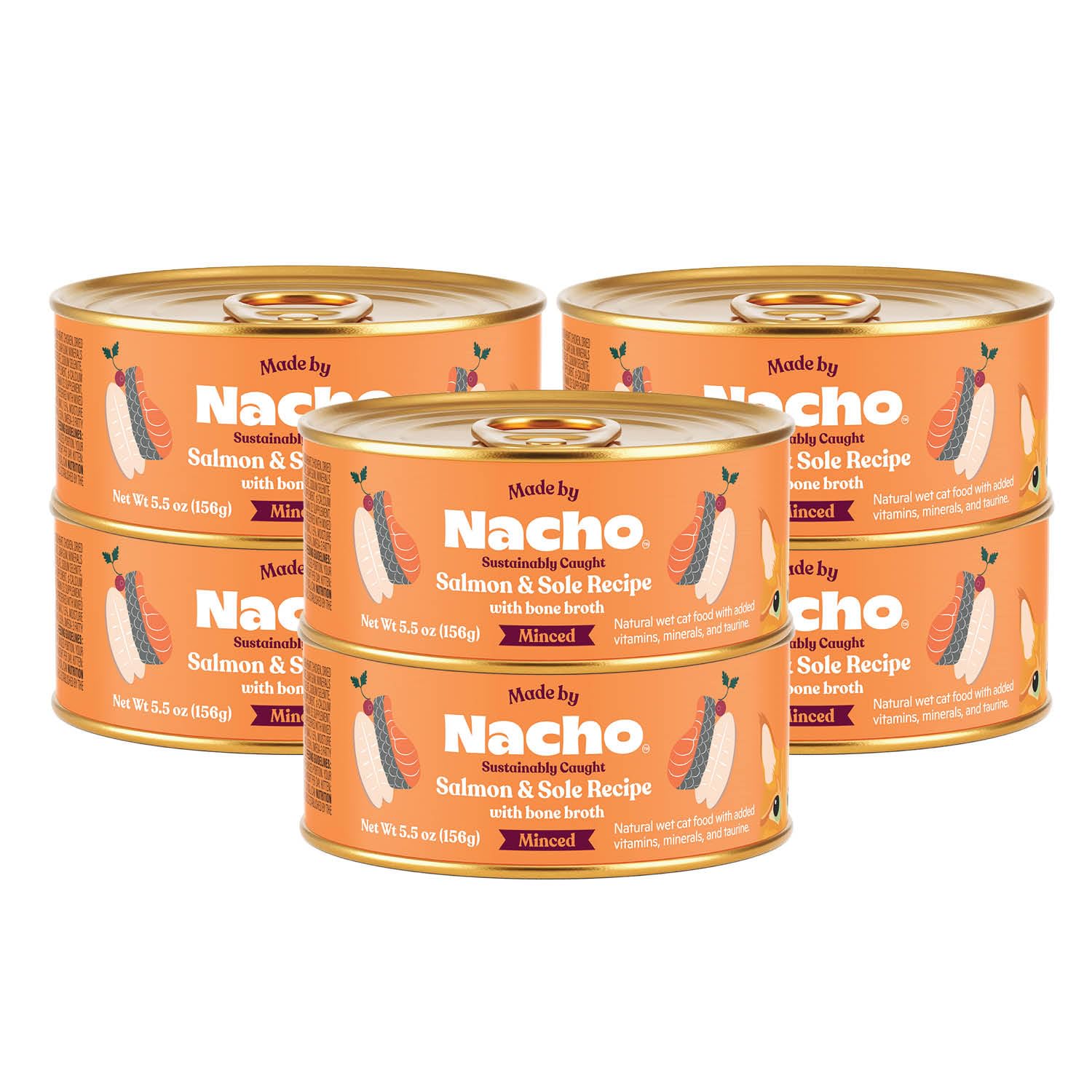 Made by Nacho Sustainably Caught Salmon & Sole Recipe with Bone Broth Minced Wet Cat Food, 5.5-oz can, Case of 6