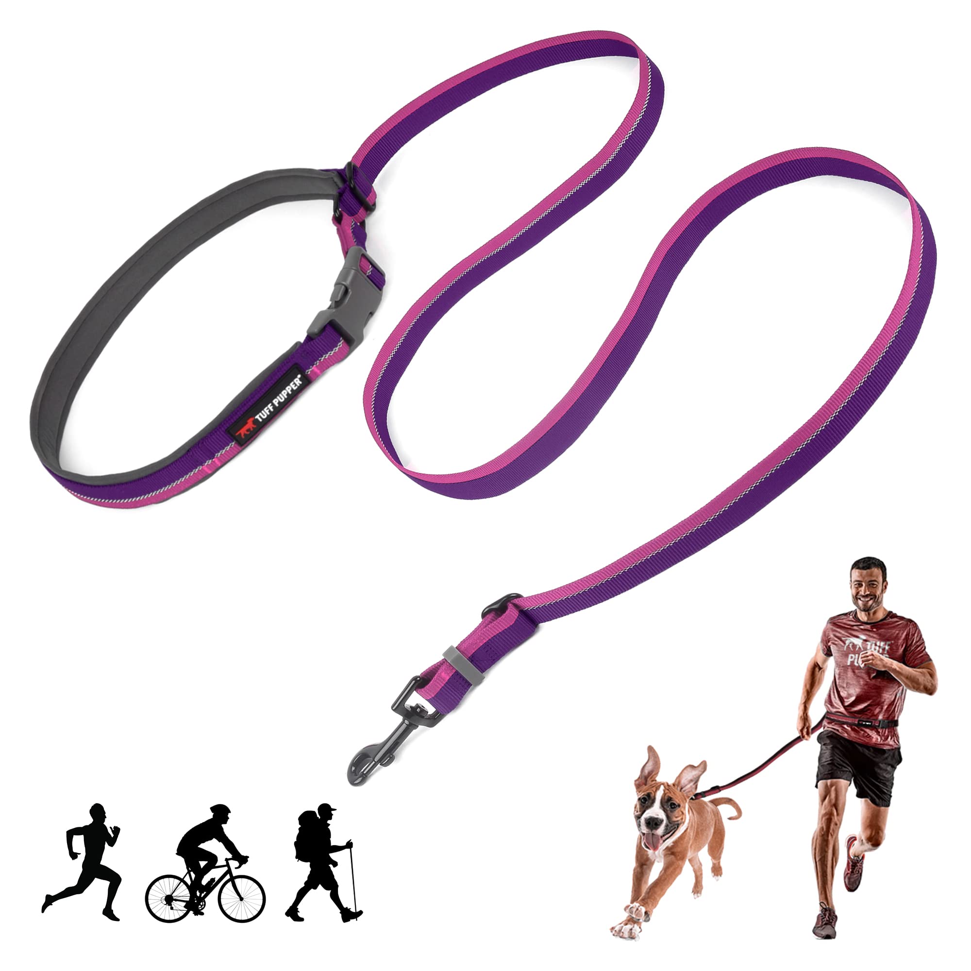 Tuff Pupper Hands Free Adjustable Length Dog Leash | Lightweight For Running Jogging Walking | Padded Waist Belt (24-50 Inch) | Adjusts 3 To 6 Feet Length | Strong Ballistic Nylon W/Reflective Strips