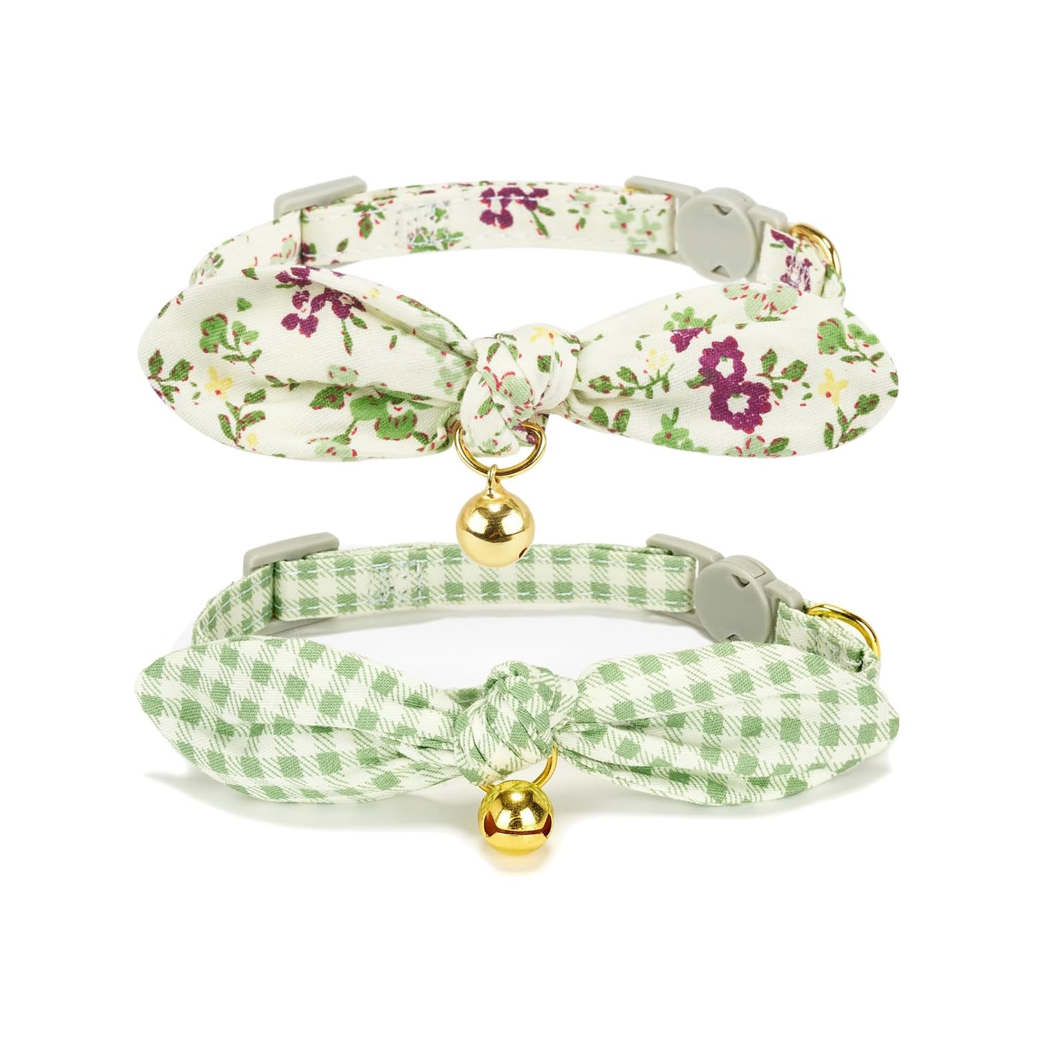 Petiry 2 Pack Cotton Cat Collar, Removable Bowtie, Floral Pattern, Safety Breakaway Clasp, Adjustable For Cats.(Adult Cat, Check