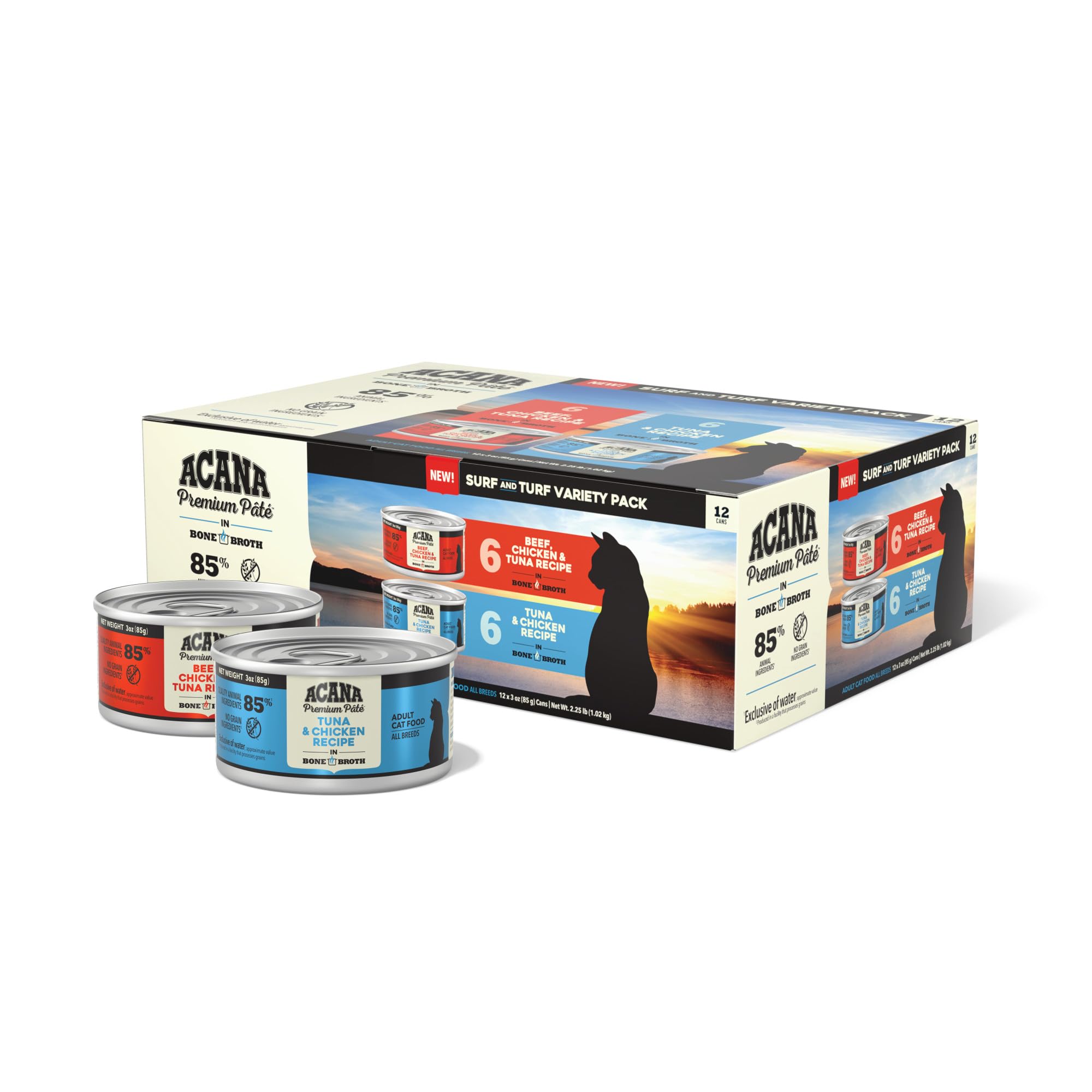 ACANA Premium Pate Wet Cat Food in Bone Broth Variety Pack: Surf and Turf - Beef Chicken & Tuna + Tuna & Chicken Recipes 3oz Can
