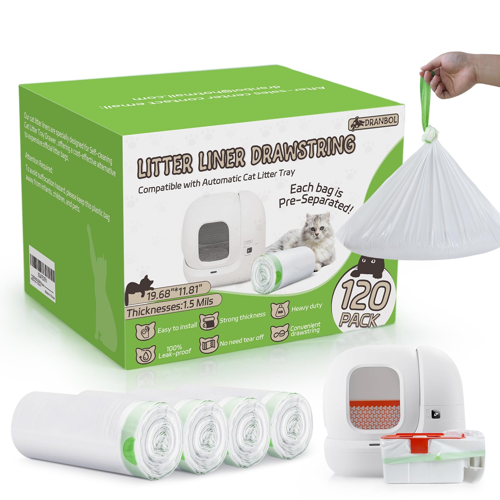 120 Pack Cat Litter Box Liners For Pet Kit Pura Max & X, Extra Thick Heavy Duty Drawstring Self-Cleaning Robot Litter Bags, Leak