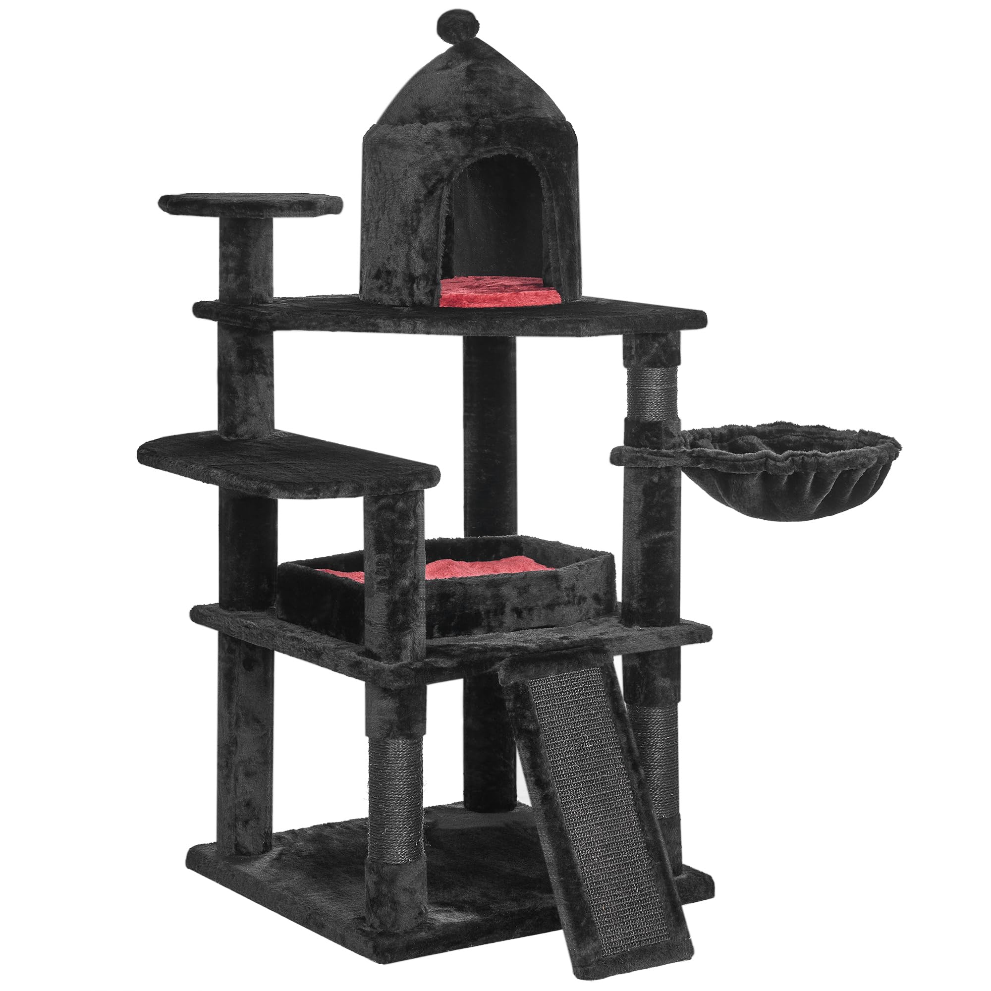 Bewishome Gothic Cat Tree With Coffin Bed Cat Tower For Indoor With Spacious Condo, Sisal Scratching Ramp, Cozy Basket Black Pet