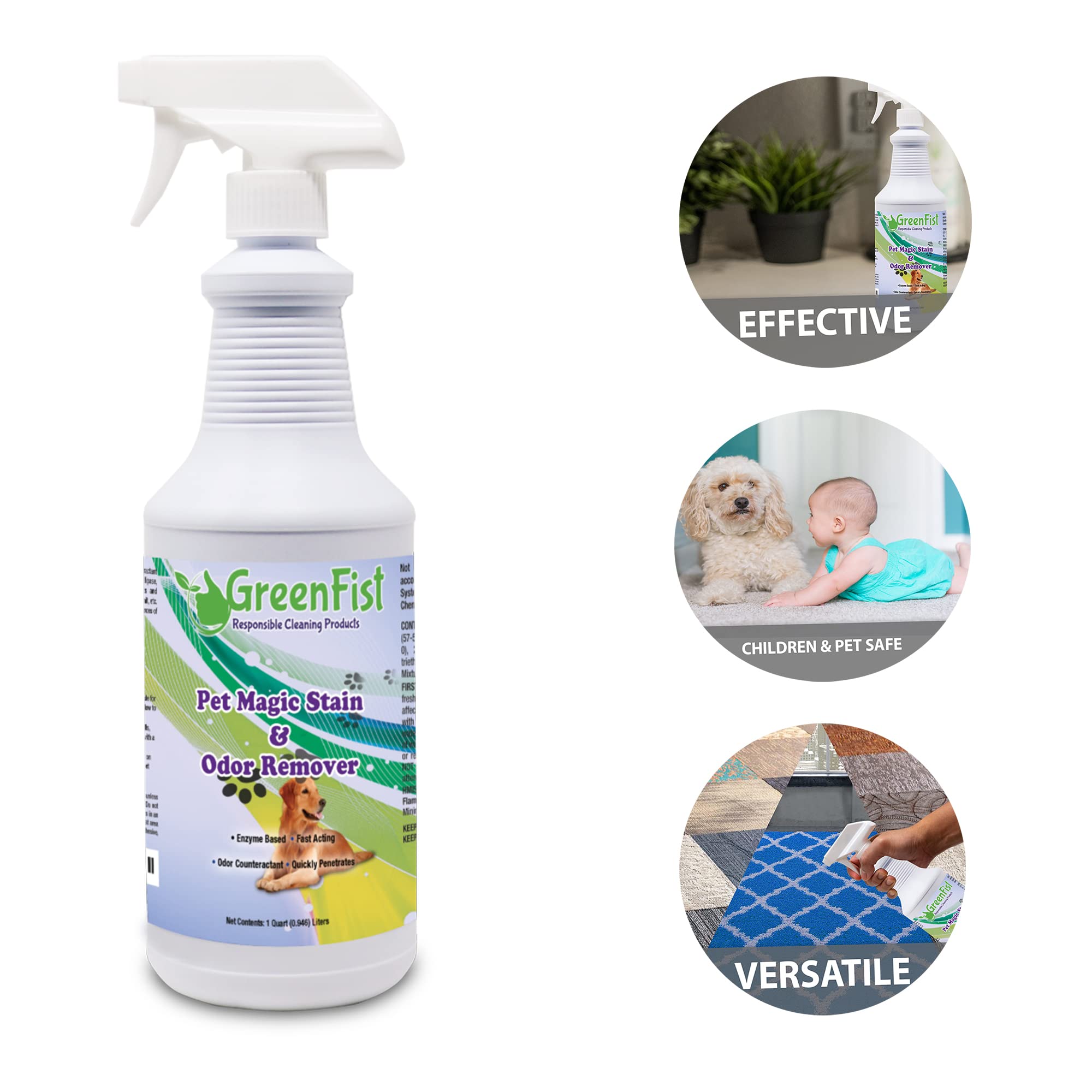 Greenfist Pet Stain & Odor Remover Magic Fast Acting Carpet Spot Cleaner Enzyme Powered Formula Cats,Dogs, Small Animal, 32 Oz S