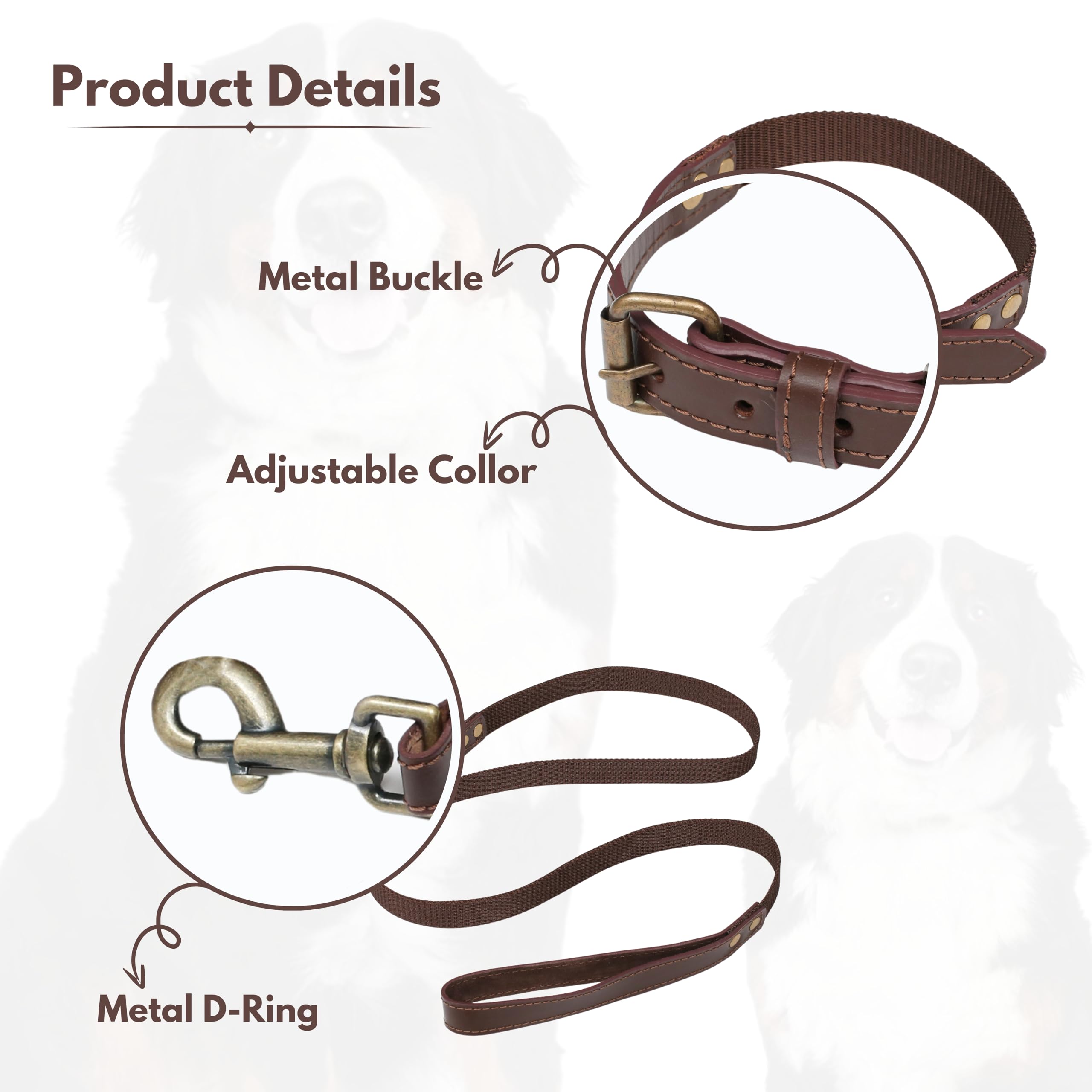 Dog Leash And Collar Set With Metal Buckle, Heavy Duty Leather And Nylon Combo, Adjustable And Durable Pet Walking Gear, 24 Inch