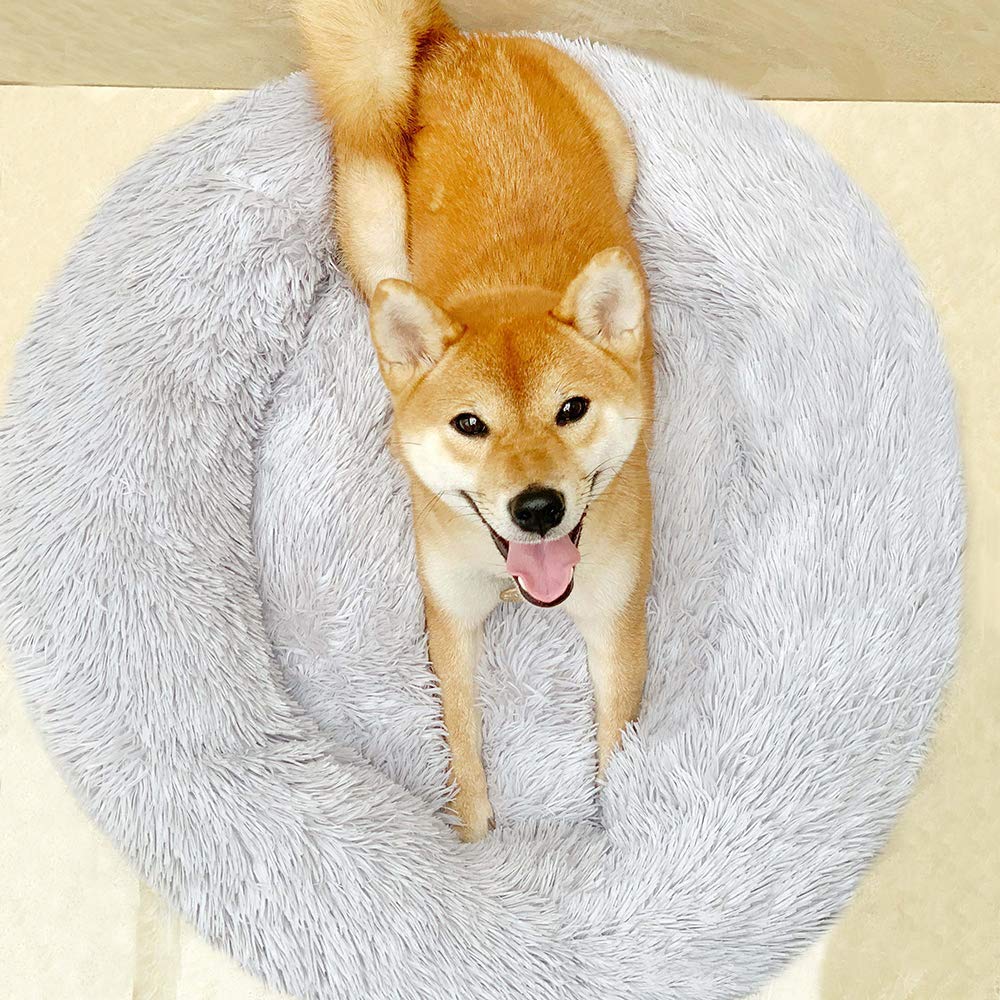Bodiseint Faux Fur Dog Bed, Shag Round Anti-Anxiety Pet Calming Doughnut Cuddler For Medium Large Puppy Dog Cat Kennel Cushion -