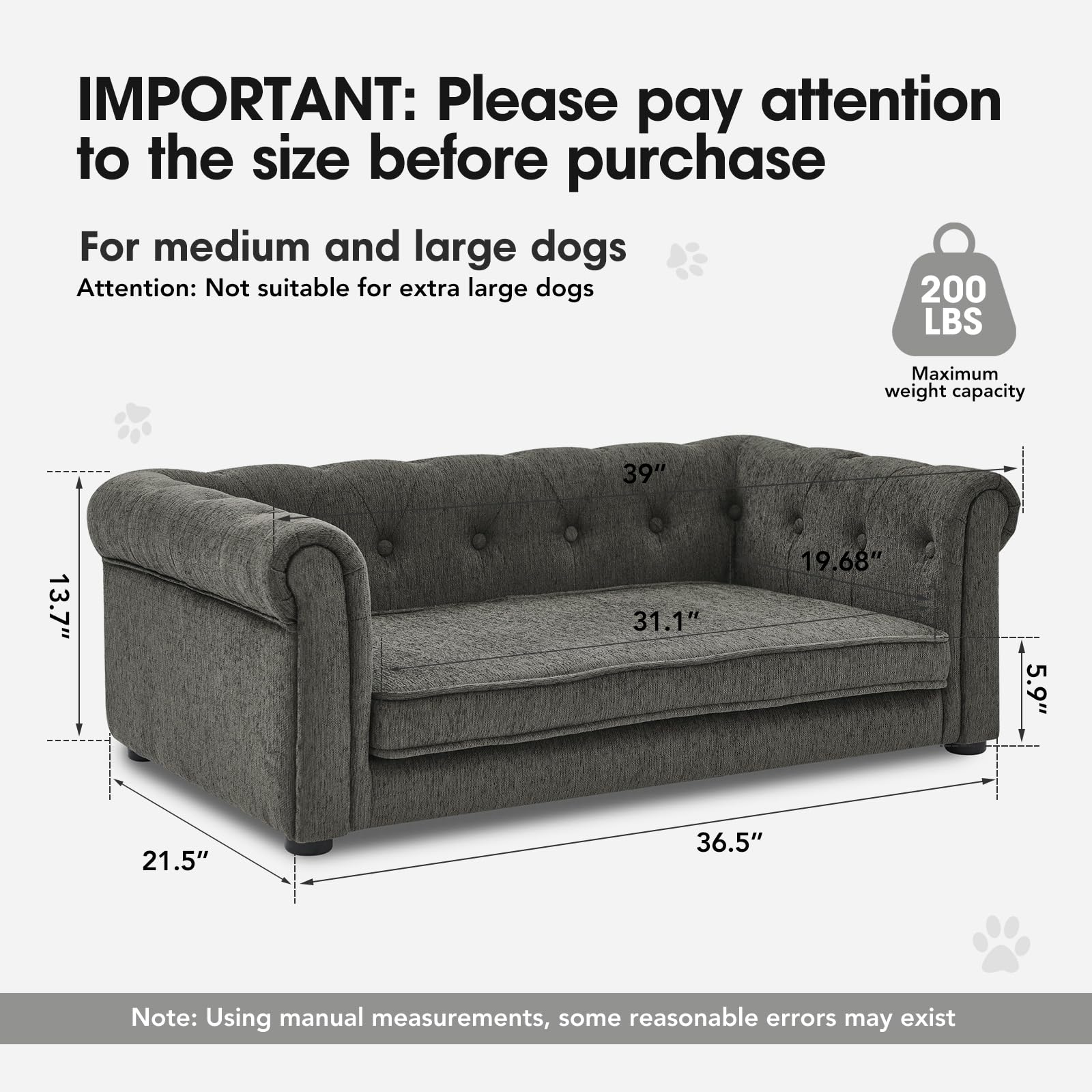 Dog Couches for Large Dogs Up to 60 lbs, 29  W Memory Foam Large Dog Bed with Legs, Durable Elevated Sofa Couch, Dry Clean Only,