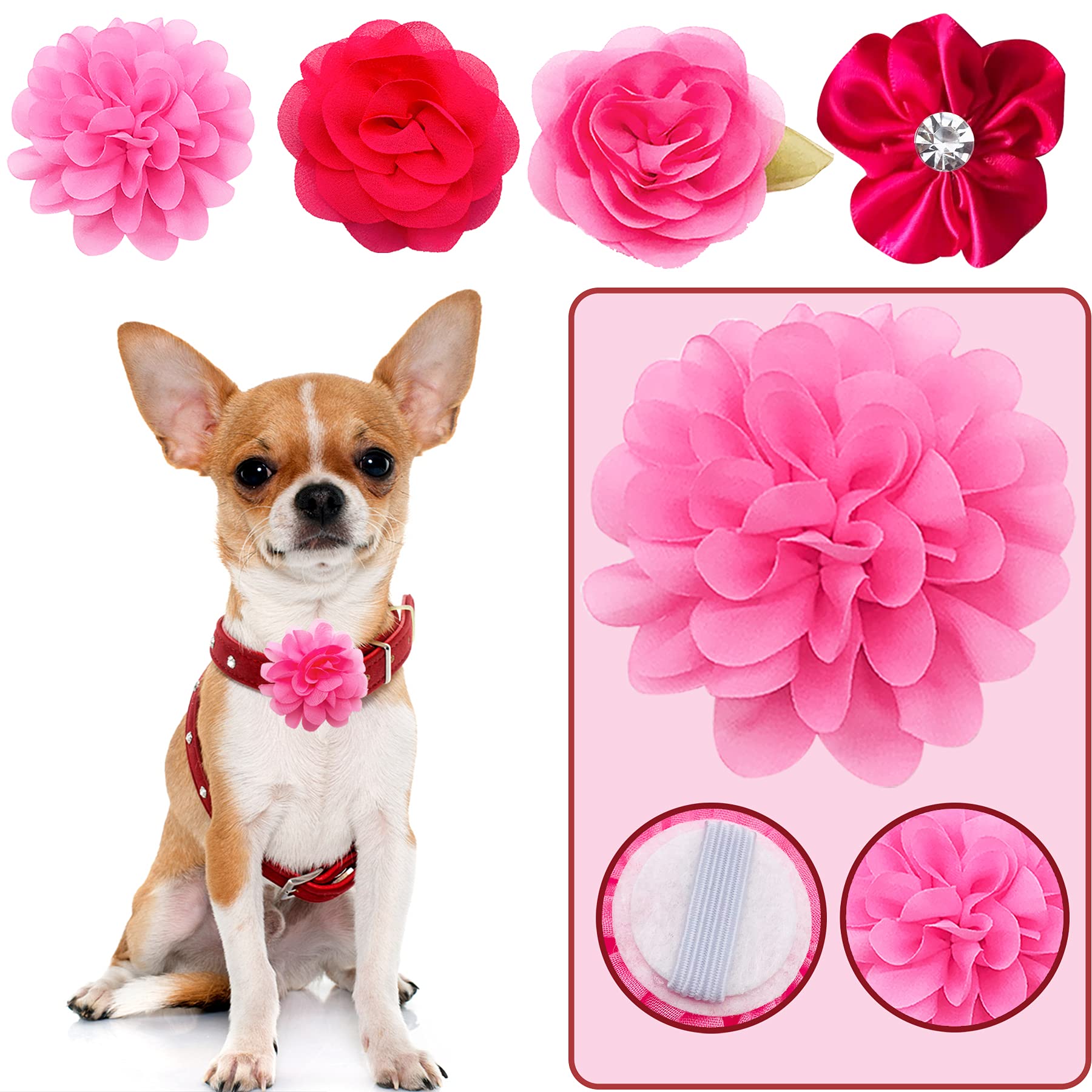 Pet Show 12Pcs Rose Pink Dog Collar Bows And Flowers Attachment For Girls Puppies Cats Female Small Medium Dogs Collars Embellishment Decor For Wedding Birthday Parties Grooming Pet Collar Accessories