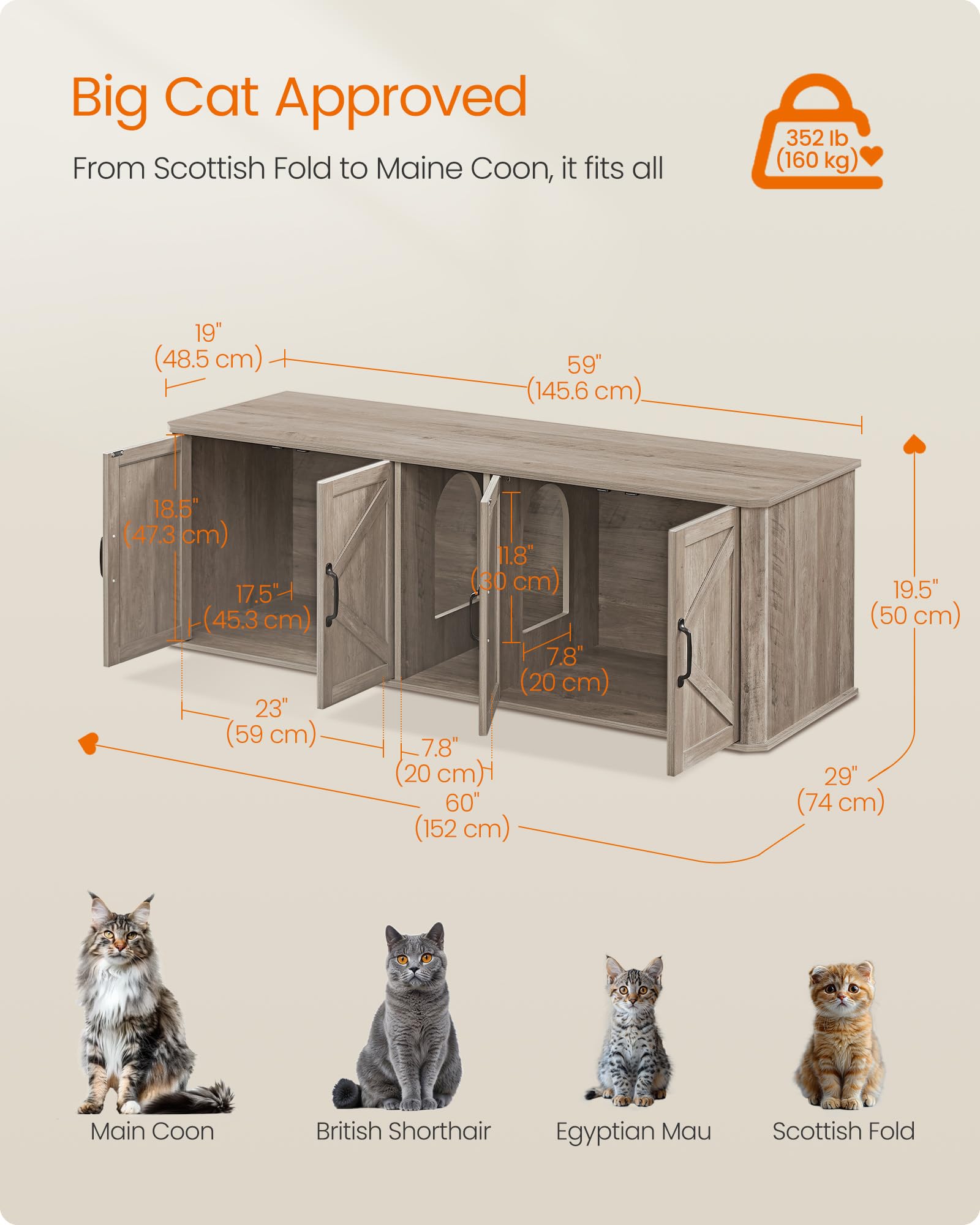 Feandrea Double Cat Litter Box Enclosure, Modern Cat Litter Box Furniture Hidden For 2 Cats, Front Entry, Cat House, Side End Ta