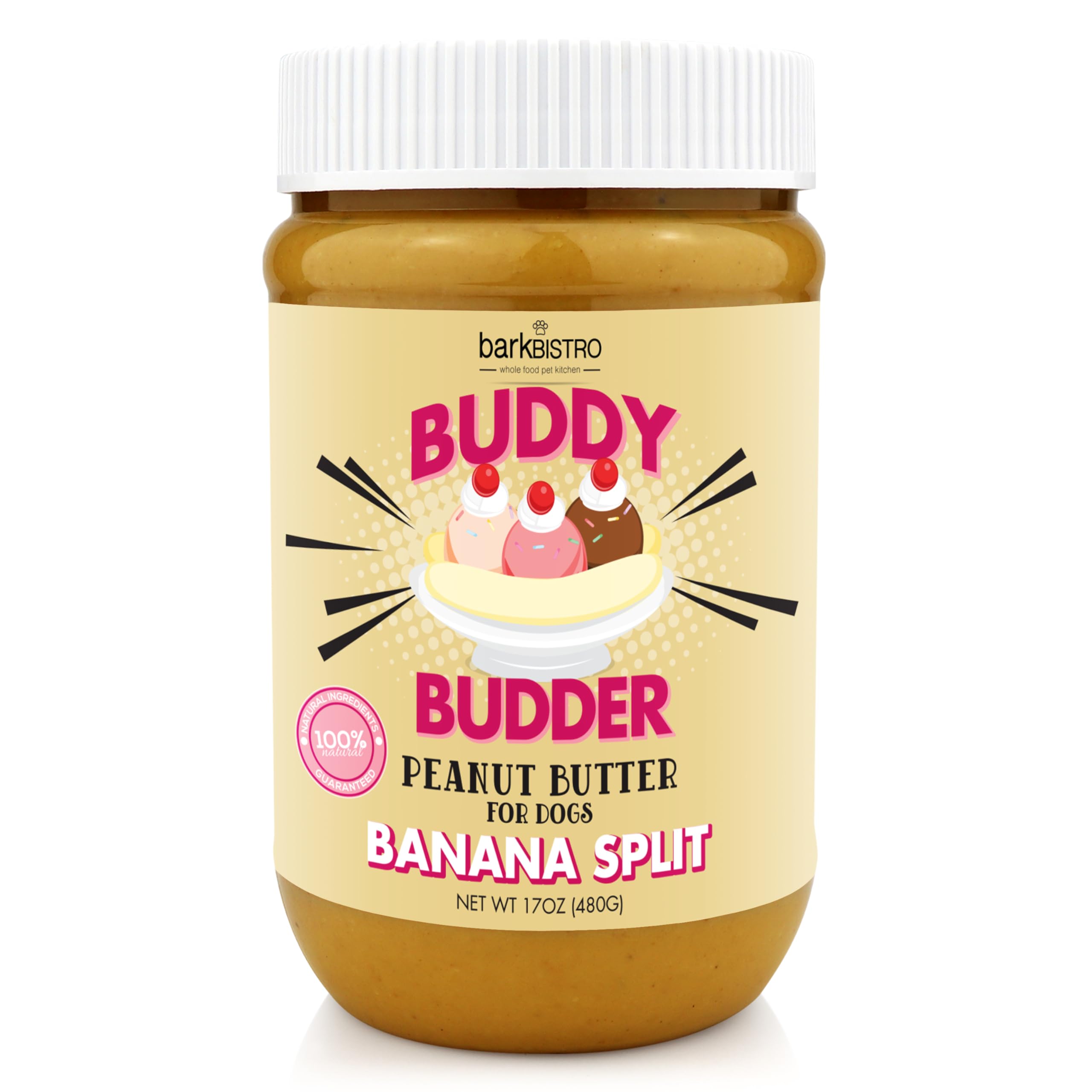 BUDDY BUDDER Banana Split, 100% Natural Dog Peanut Butter, Dog Treat, Made in USA (17oz)