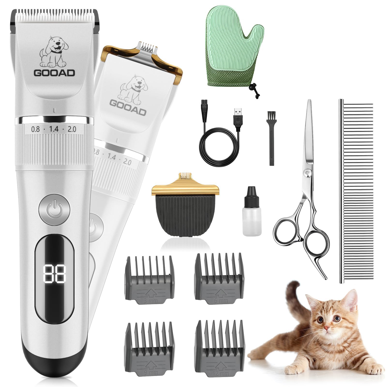 Goood Cat Grooming Kit - Cordless, Low Noise Paw Trimmer, Quiet Cat/Dog Clippers For Long/Matted Hair (Silver)