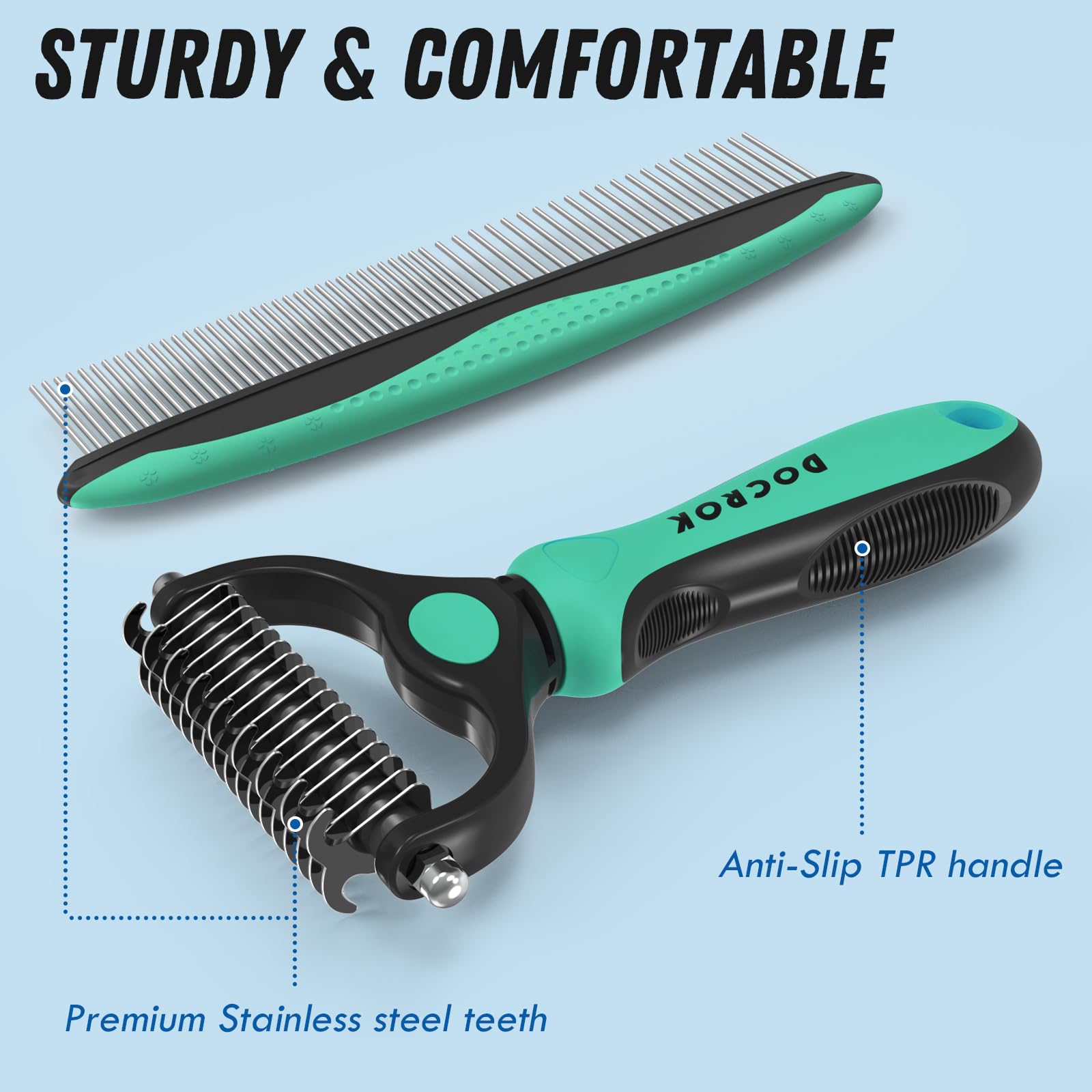Docrok Pet Grooming Brush And Metal Comb Combo, Cat Brush Dog Brush For Shedding, Undercoat Rake For Dogs Grooming, Dematting Deshedding Brush Dogs Shedding Tool For Long Matted Haired Pets, Green