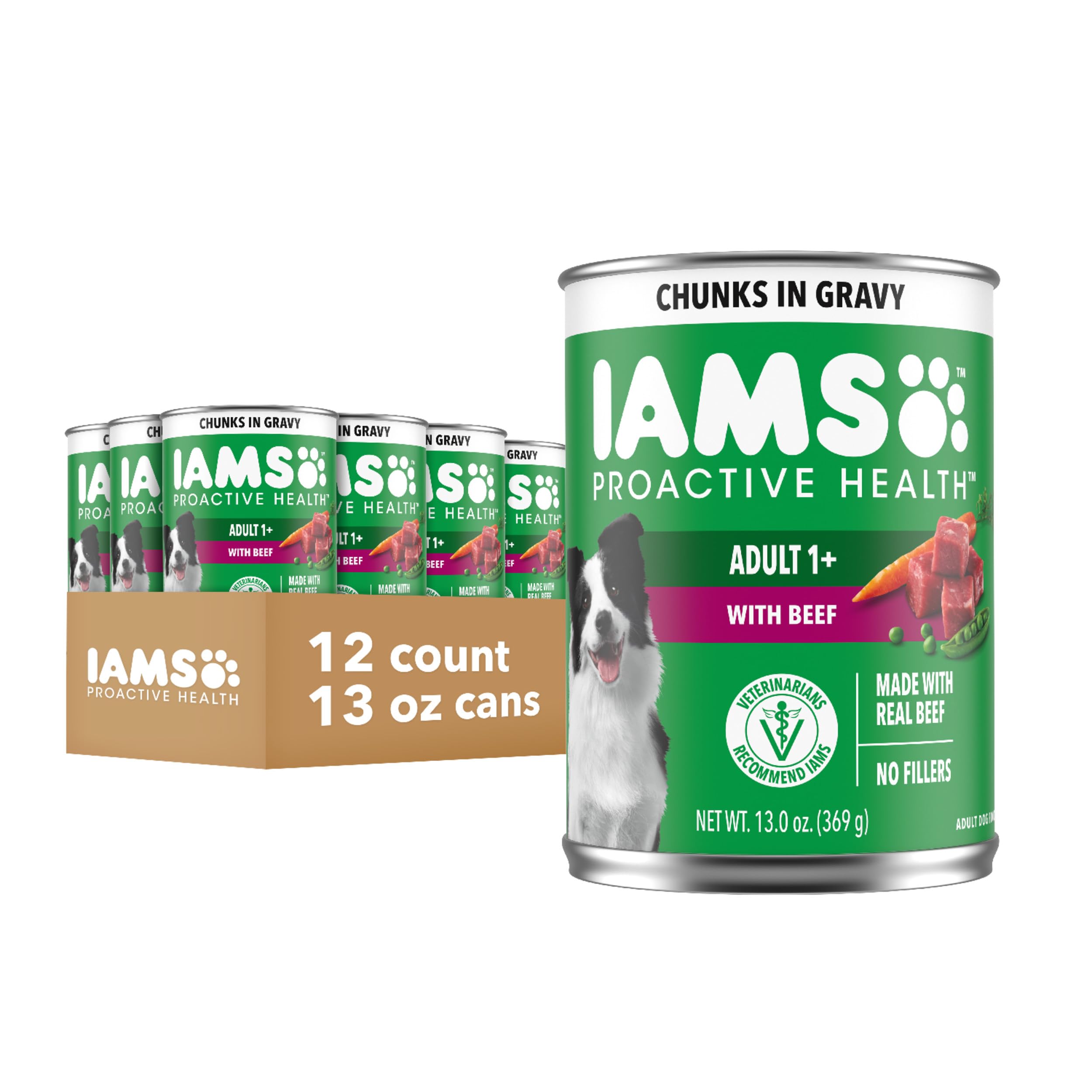 IAMS Proactive Health Adult Wet Dog Food Chunks in Gravy, Beef Recipe, 13 oz. Cans, Pack of 12