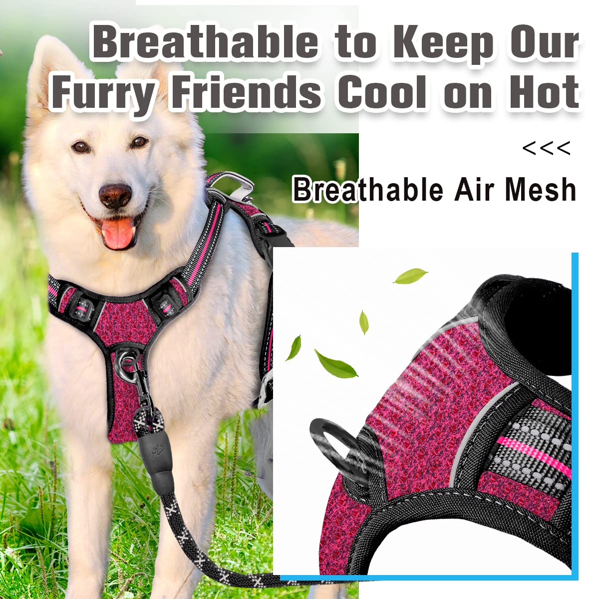 Barkbay No Pull Dog Harness Front Clip Heavy Duty Reflective Easy Control Handle For Large Dog Walking With Id Tag Pocket(Pink/Black,Xl)