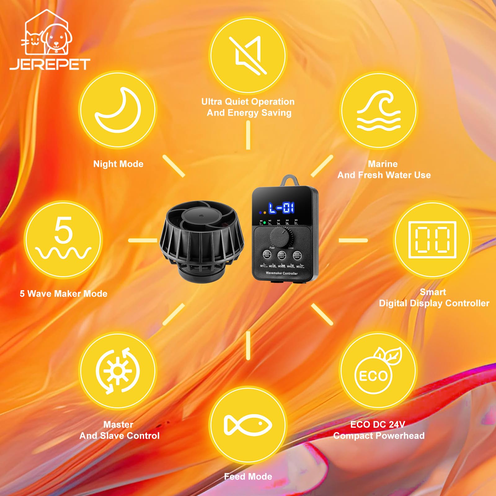 JEREPET 3400GPH Aquarium Wave Maker DC24V Power head with Magnetic Mounting,Wavemaker with Controller for 100-200 Gallon Fish Ta