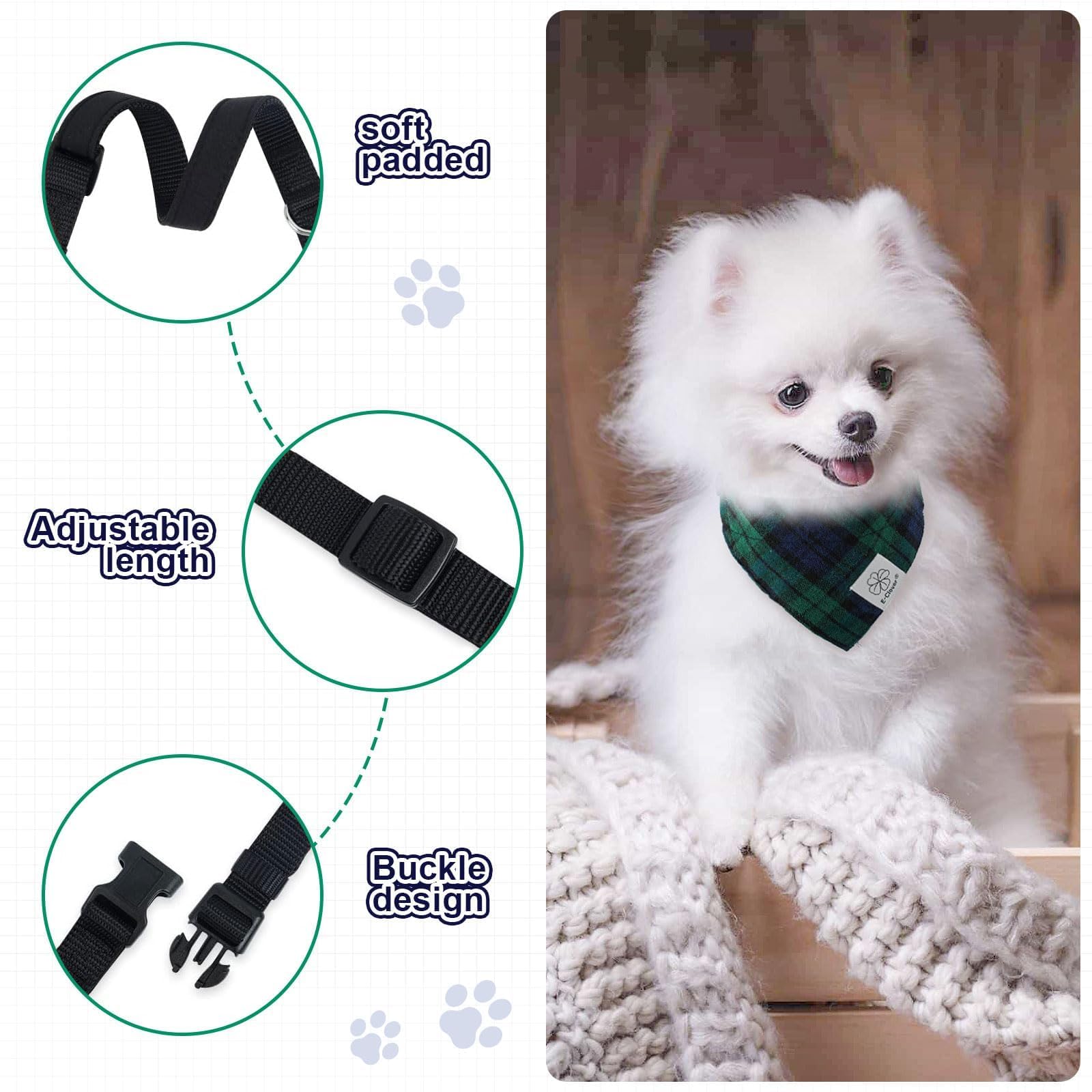 E-Clover Plaid Dog Collar & Matching Scrunchie - Adjustable Medium Dog Collar & Bandana For Small Medium Dogs - Green Blue