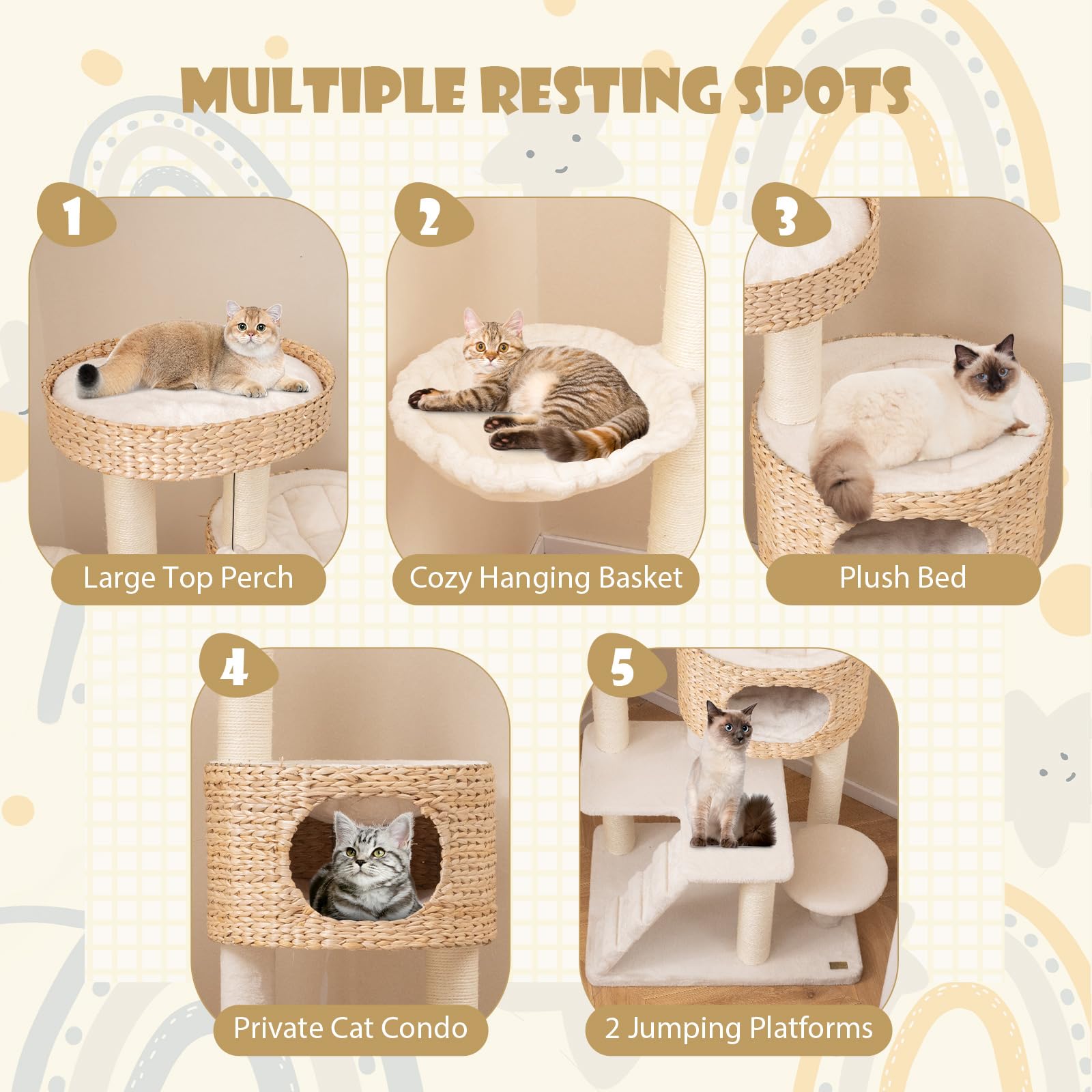 Tangkula Modern Cat Tree, 50 Inch Multi-Level Cat Tower With Cattail Fluff Condo & Top Perch, Hanging Basket, Platforms, Ladder,