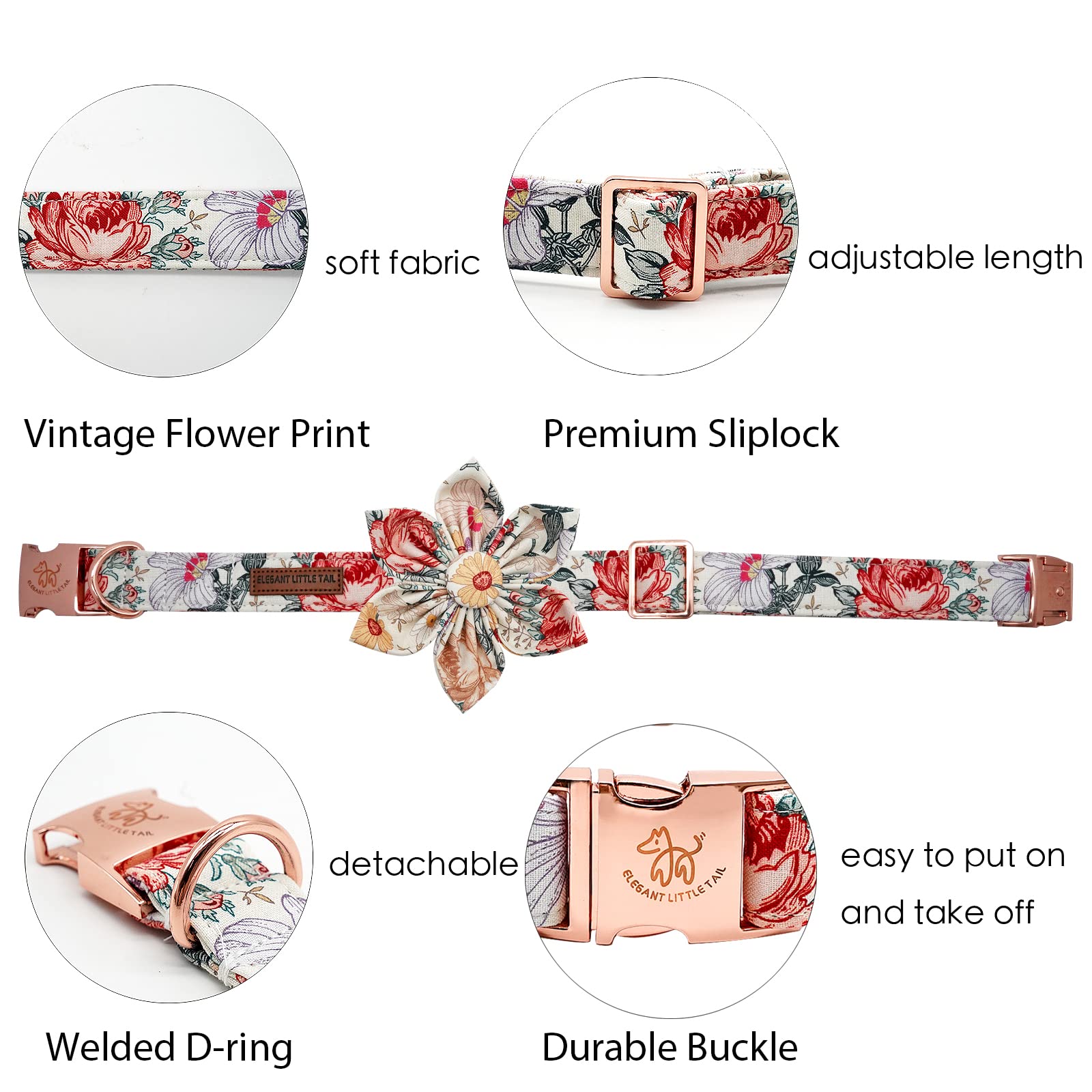 Elegant Little Tail Vintage Floral Dog Collar With Flower, Girl Comfortable Dog Flower, Dog Collar Flower Adjustable Dog Collars